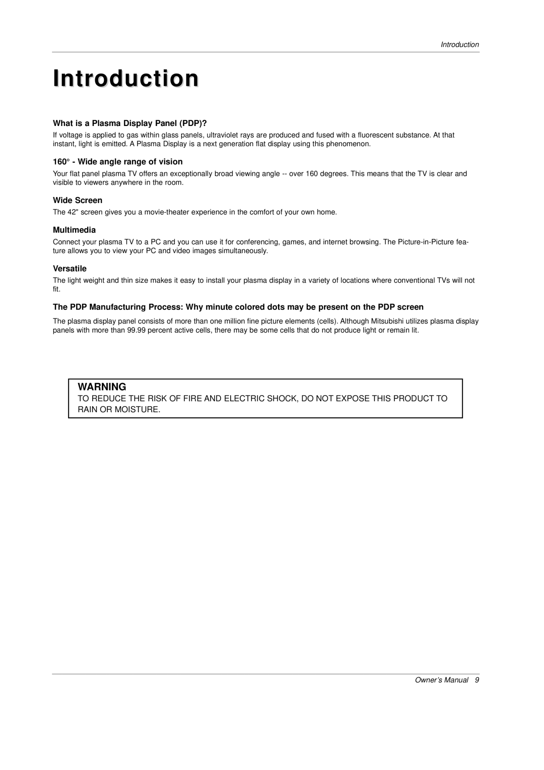 Mitsubishi Electronics PD-4225S manual Introduction, What is a Plasma Display Panel PDP? 