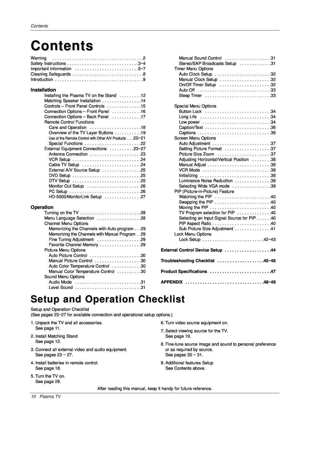 Mitsubishi Electronics PD-4225S manual Contents, Setup and Operation Checklist, Installation, External Control Device Setup 