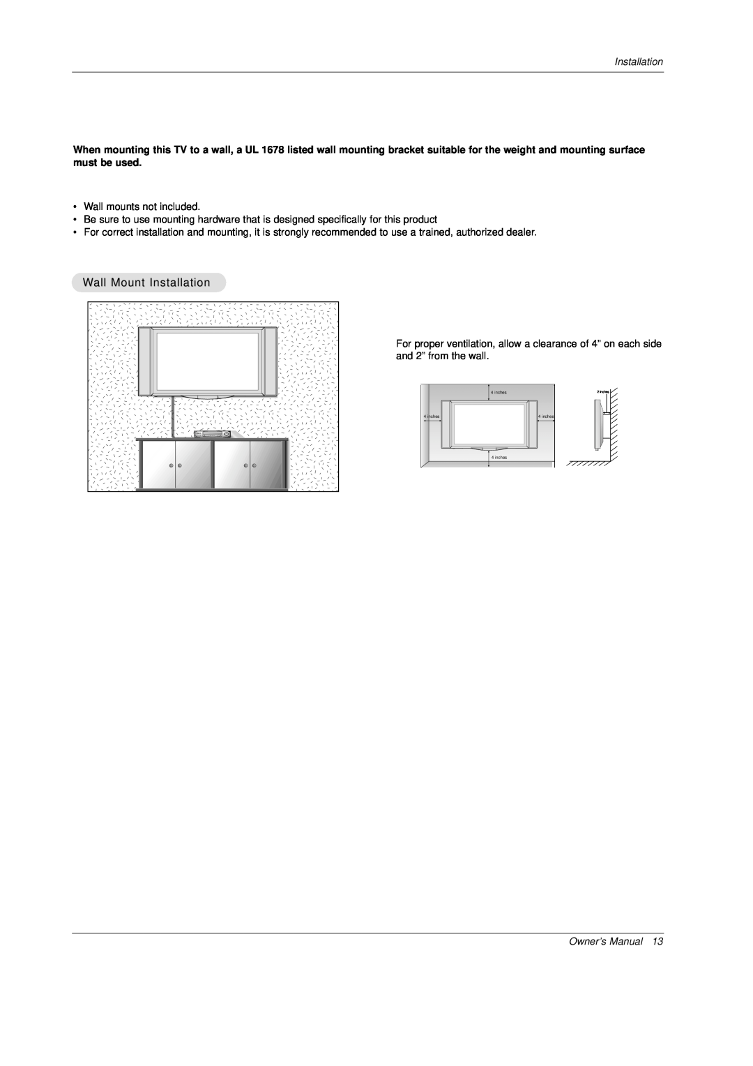 Mitsubishi Electronics PD-4225S manual Wall Mount Installation, Owner’s Manual 