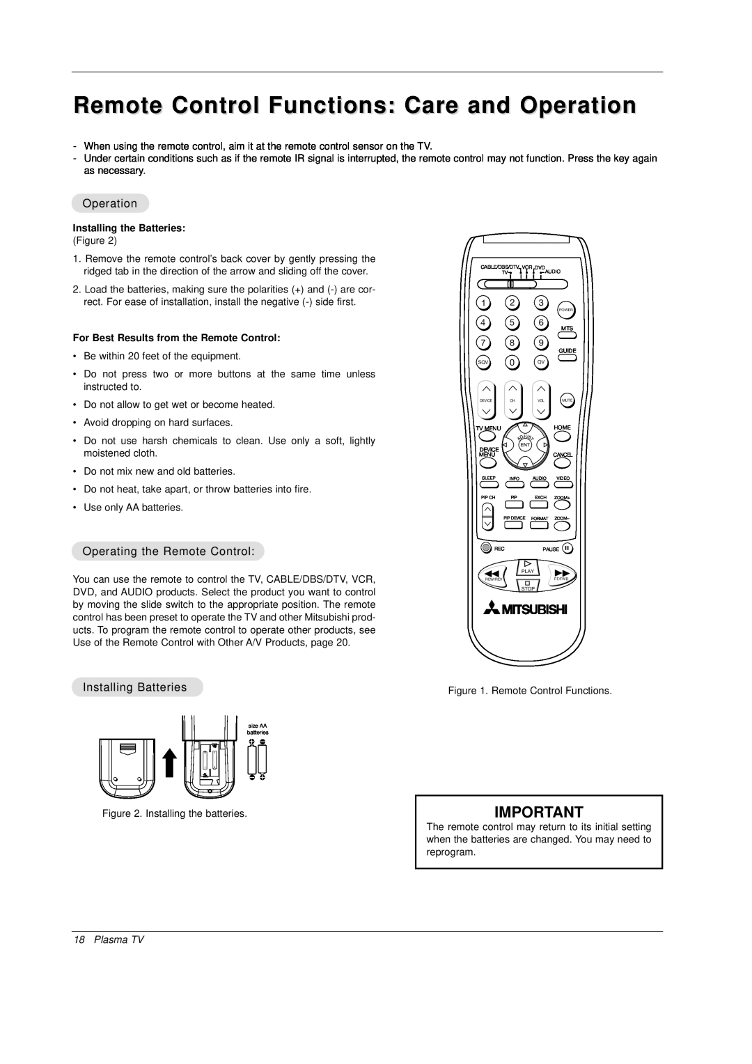 Mitsubishi Electronics PD-4225S manual Remote Control Functions Care and Operation, Operating the Remote Control, Plasma TV 