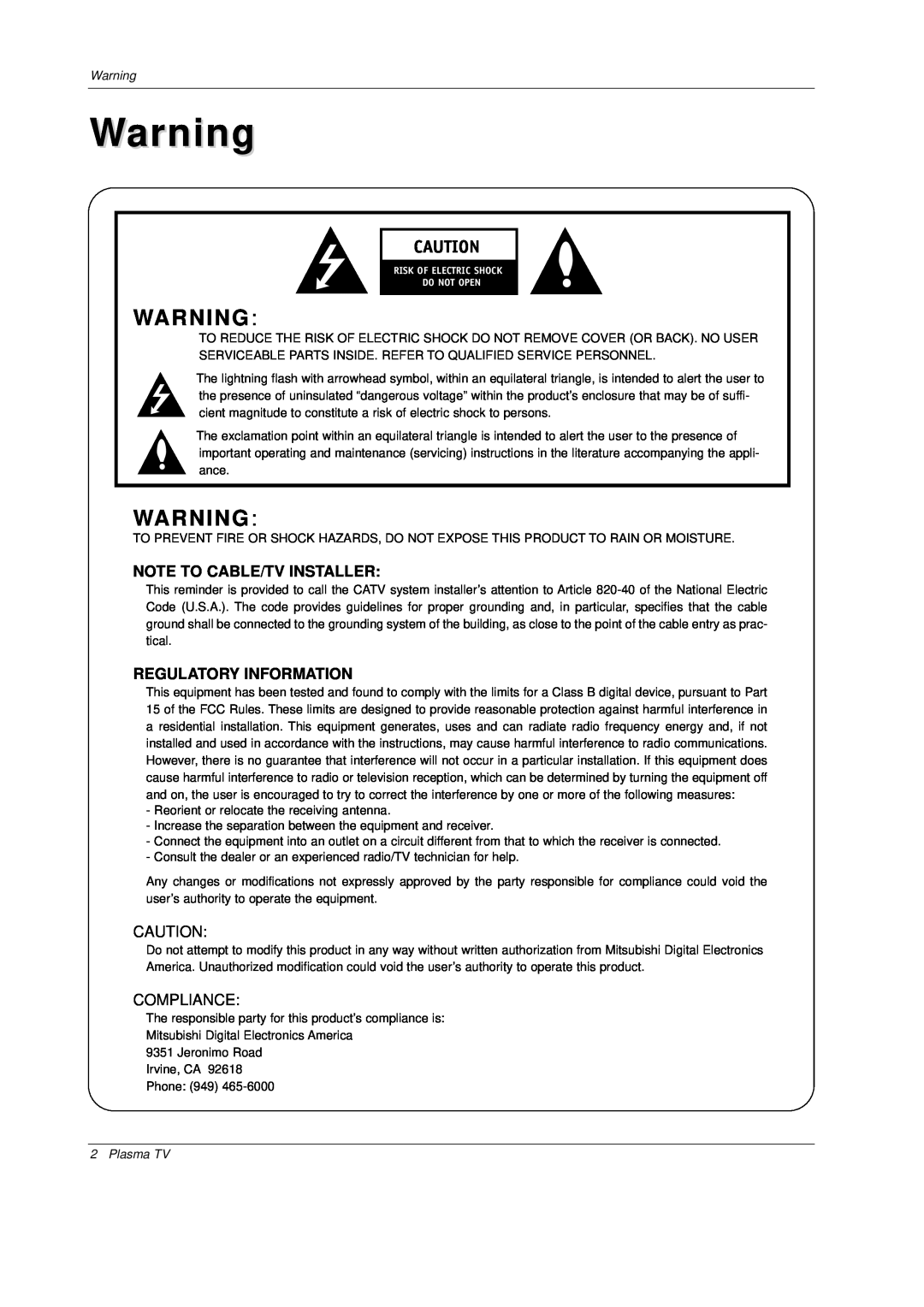 Mitsubishi Electronics PD-4225S manual Note To Cable/Tv Installer, Regulatory Information, Compliance, Plasma TV 