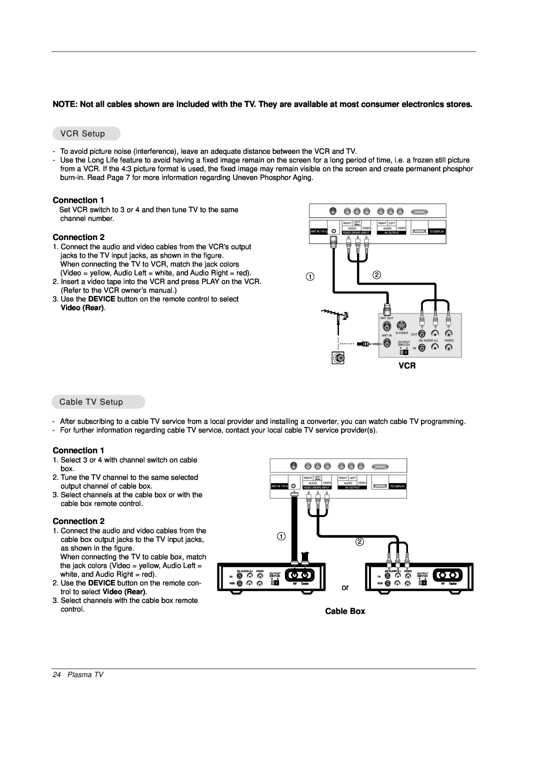 Mitsubishi Electronics PD-4225S manual VCR Setup, Connection, Cable TV Setup, Cable Box, Video Rear, Plasma TV 