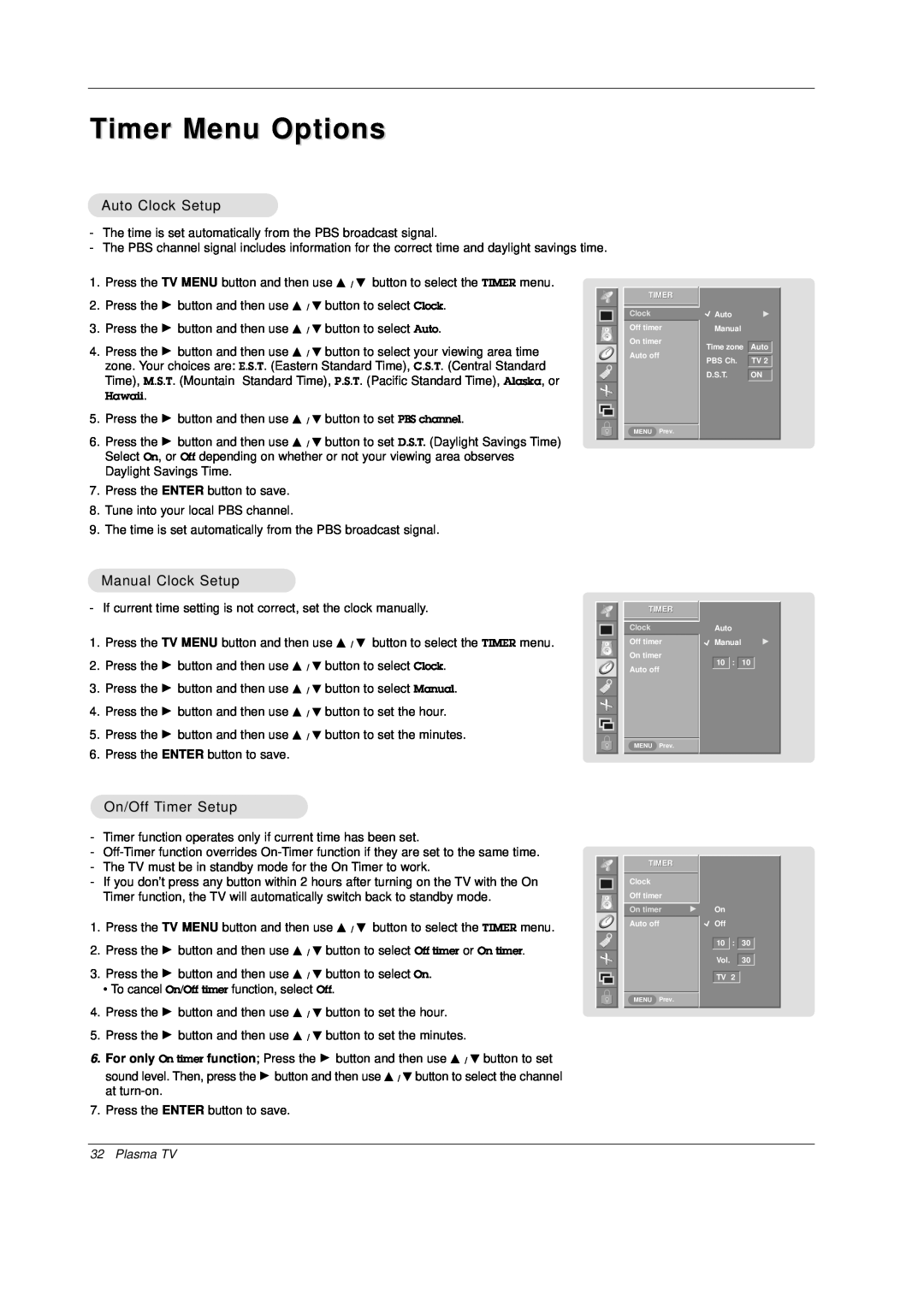 Mitsubishi Electronics PD-4225S Timer Menu Options, Auto Clock Setup, Manual Clock Setup, On/Off Timer Setup, Plasma TV 