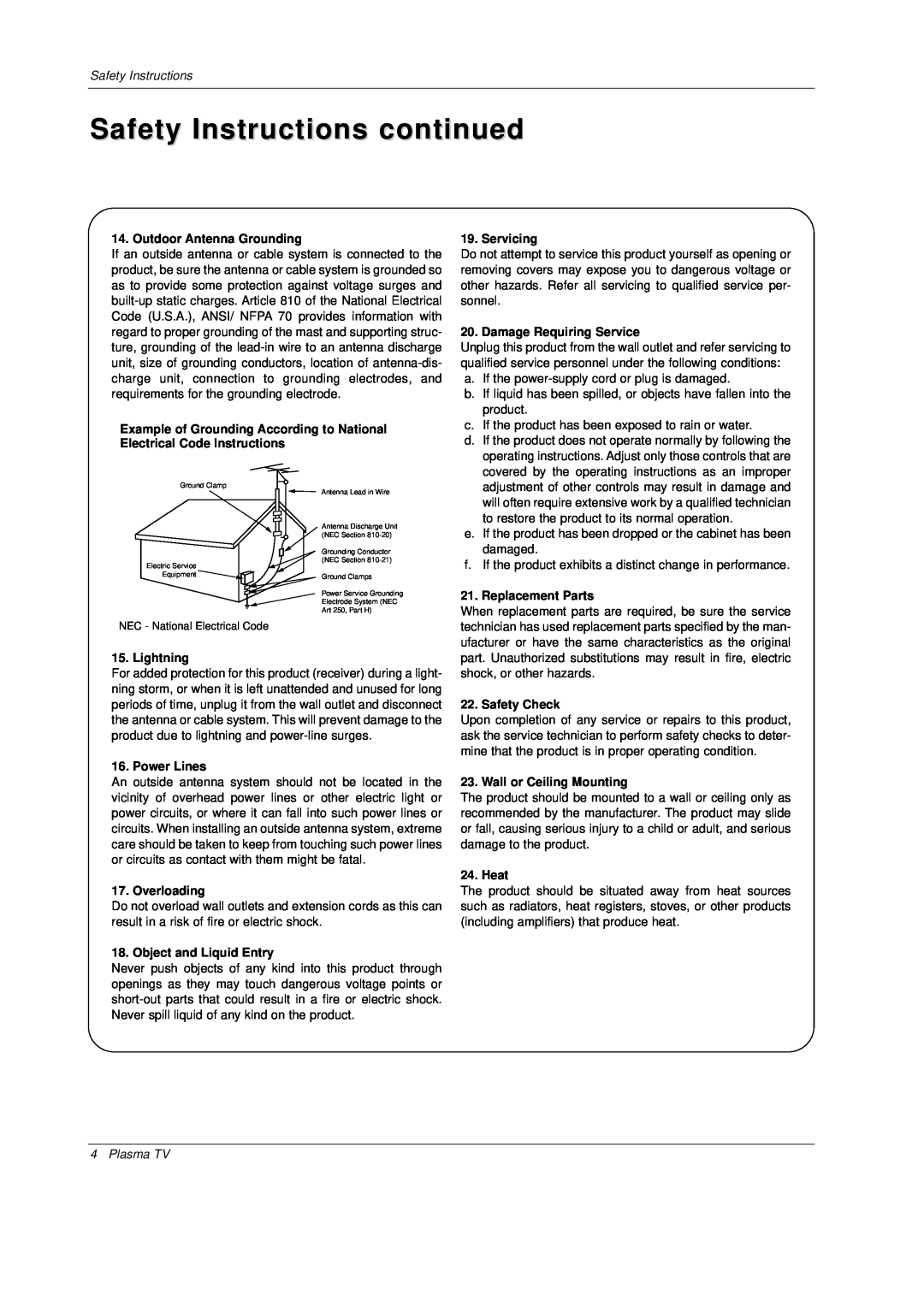 Mitsubishi Electronics PD-4225S Safety Instructions continued, Outdoor Antenna Grounding, Lightning, Power Lines, Heat 