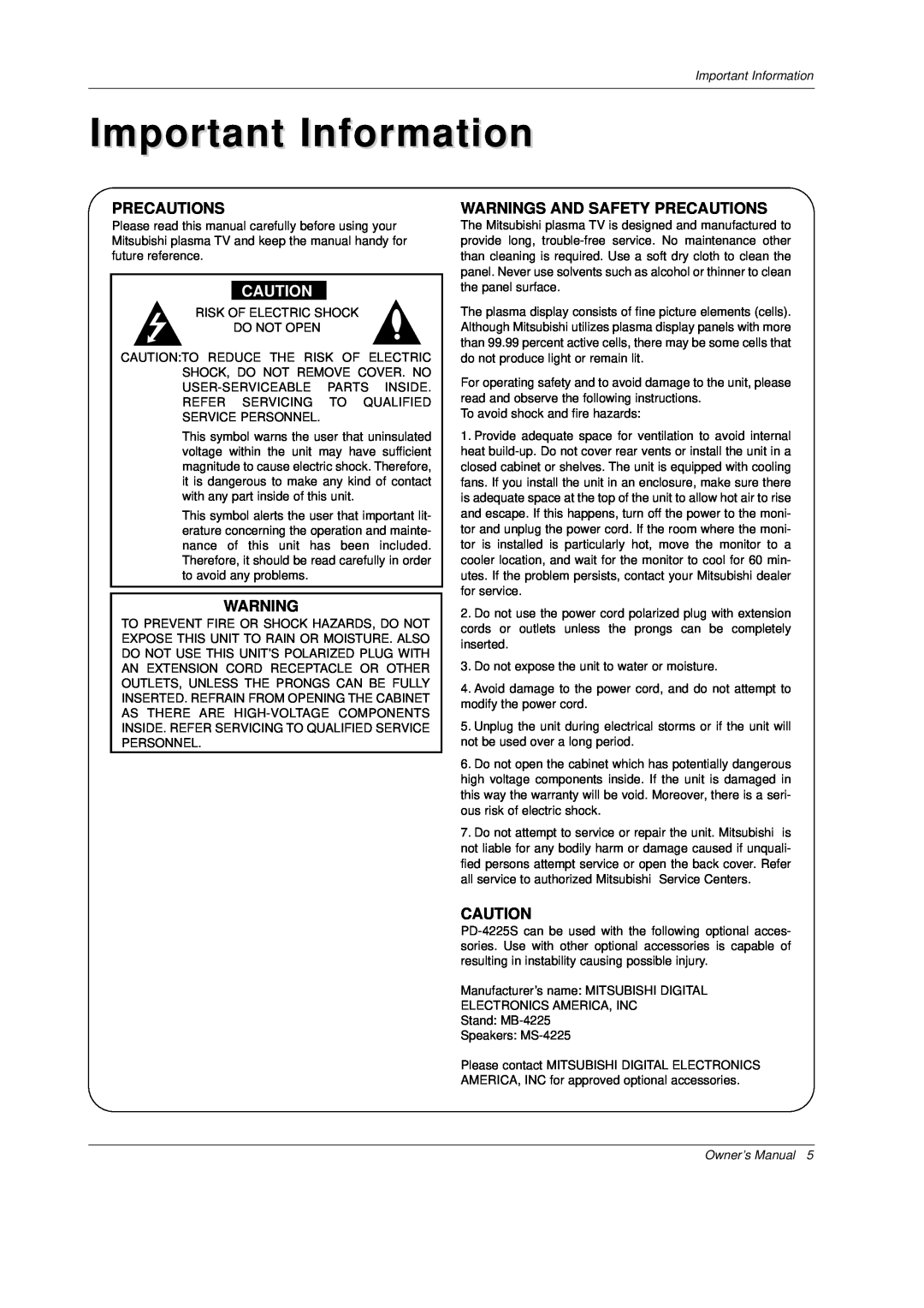 Mitsubishi Electronics PD-4225S manual Important Information, Warnings And Safety Precautions, Owner’s Manual 