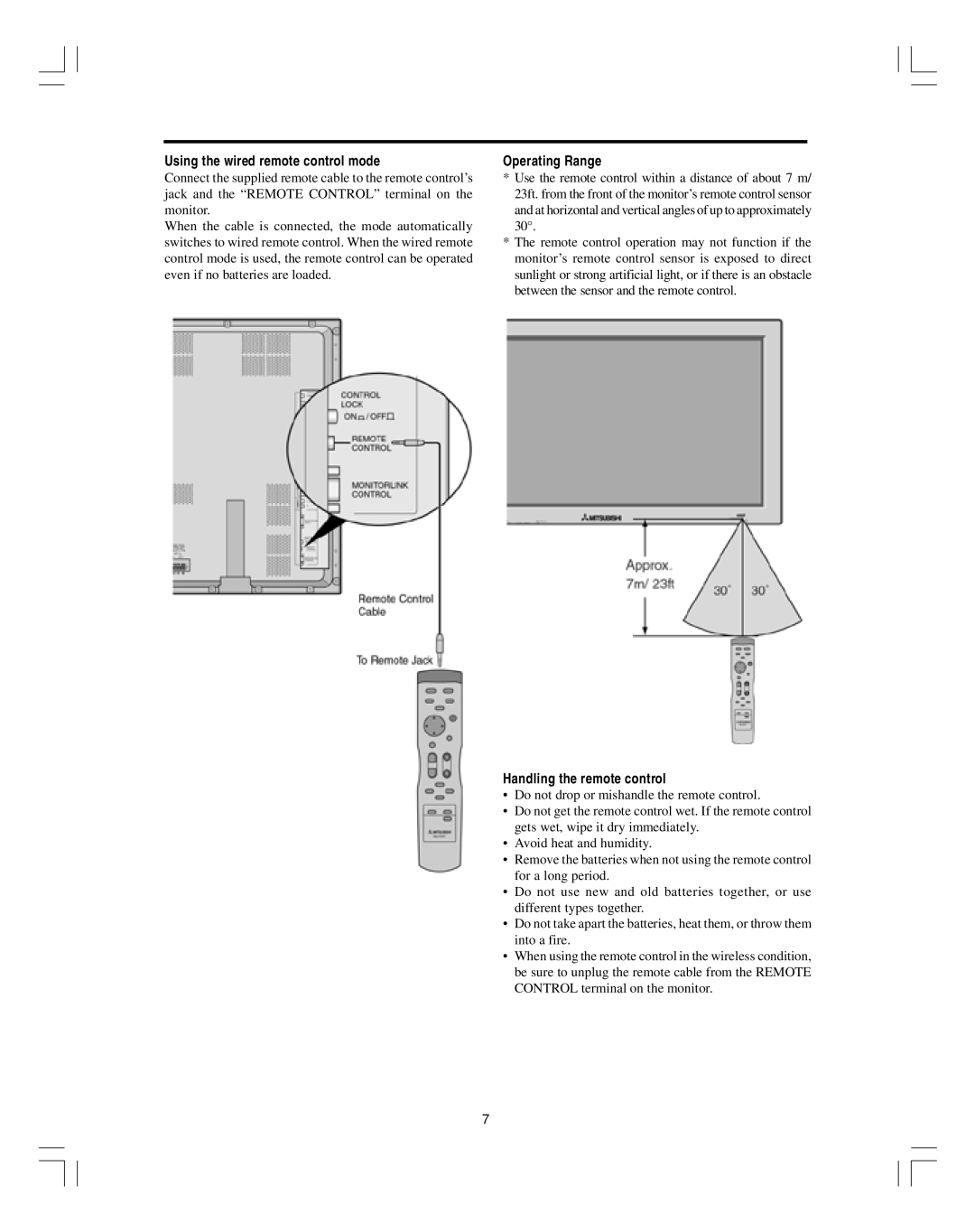 Mitsubishi Electronics PD-5010 manual Using the wired remote control mode 