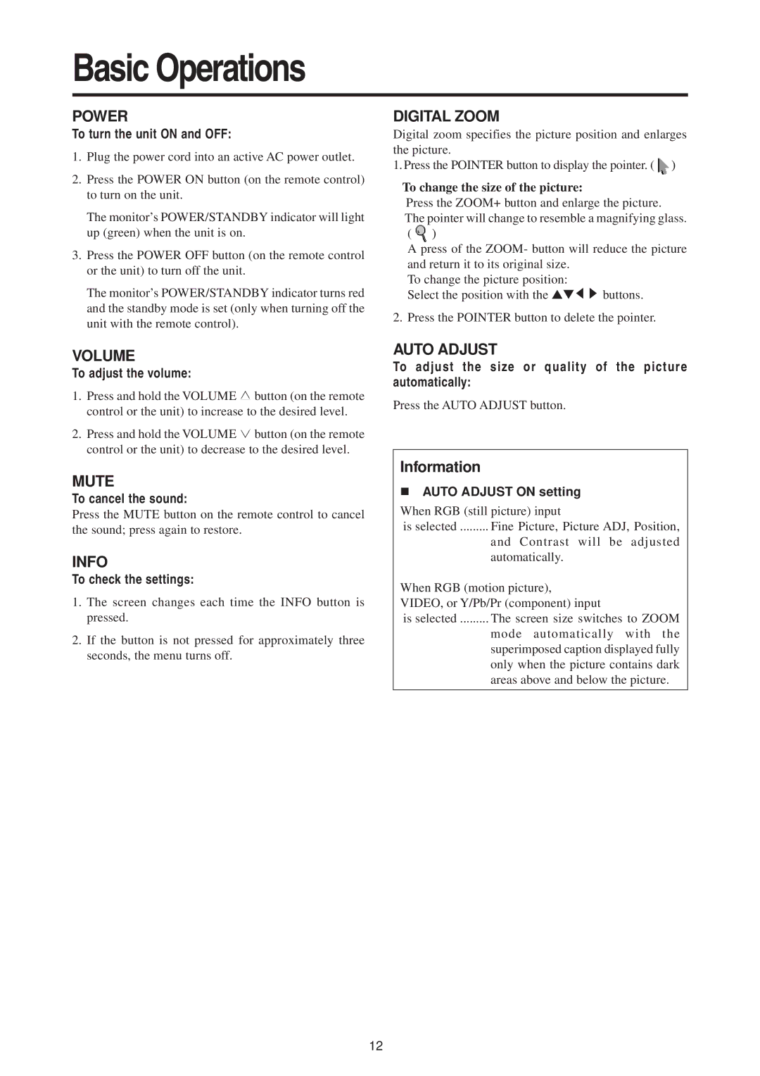 Mitsubishi Electronics PD-5010 manual Basic Operations, Information 