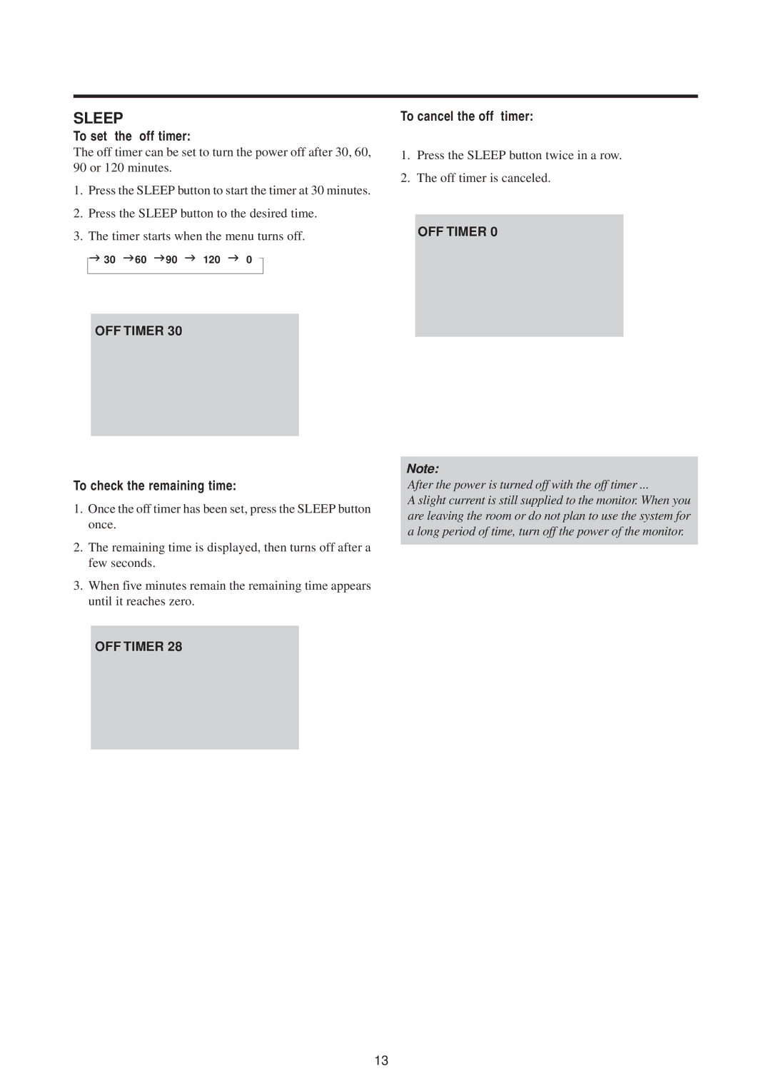 Mitsubishi Electronics PD-5010 manual To set the off timer, To check the remaining time, To cancel the off timer 