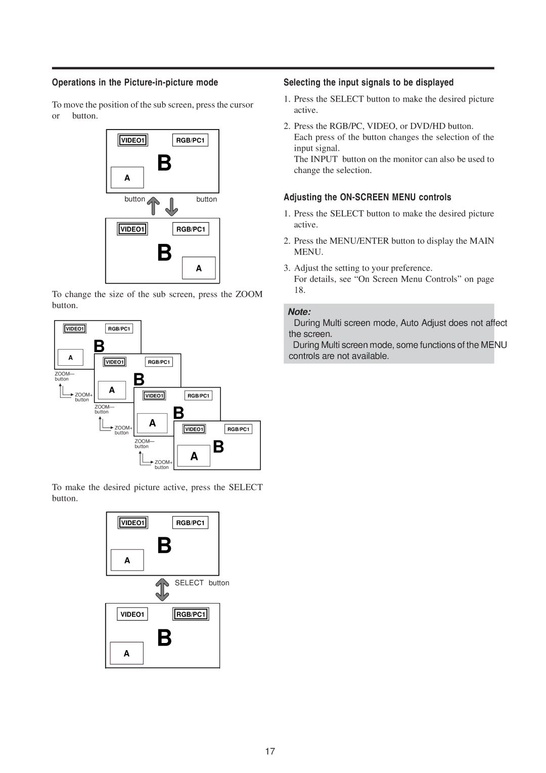 Mitsubishi Electronics PD-5010 Operations in the Picture-in-picture mode, Selecting the input signals to be displayed 