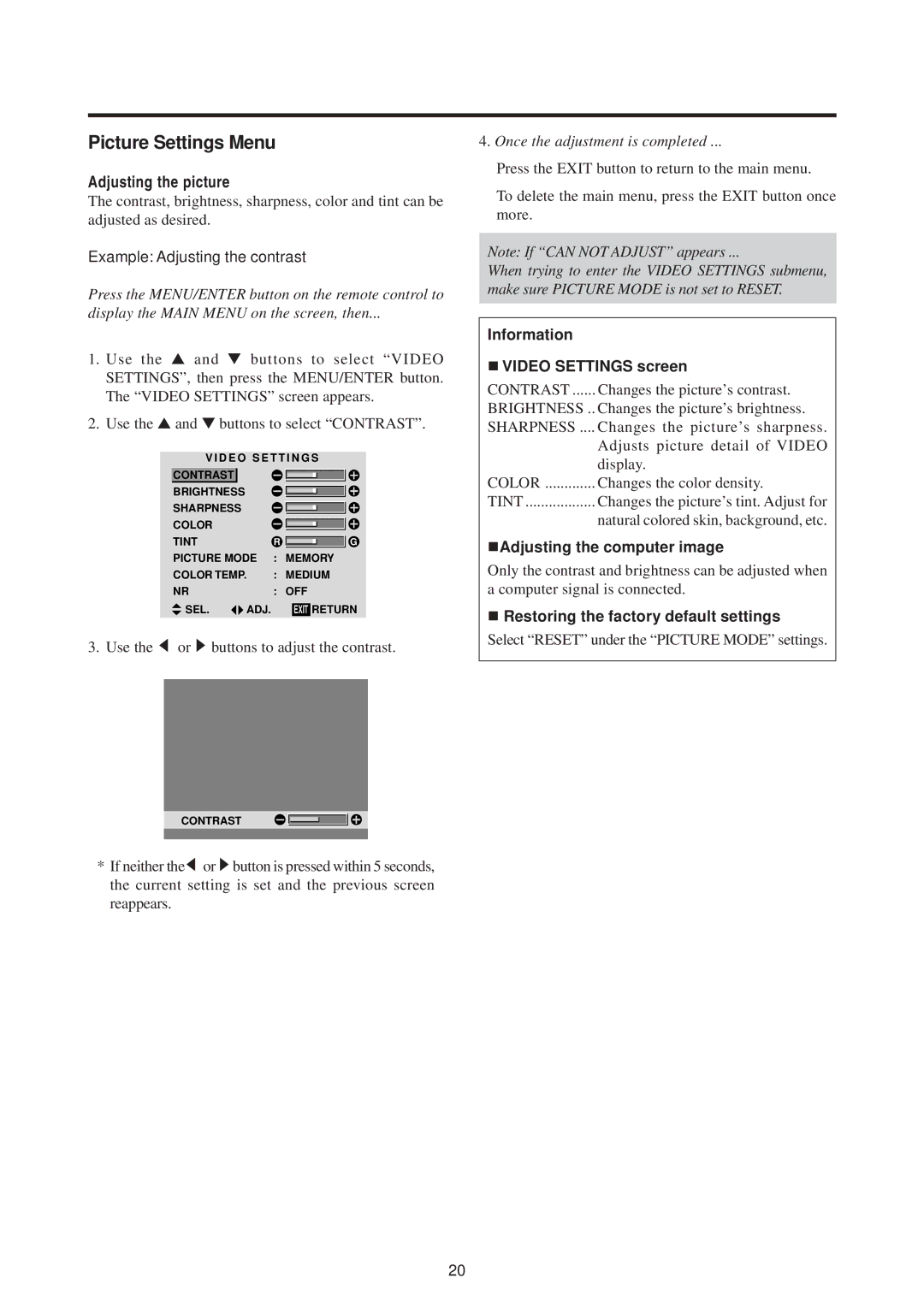 Mitsubishi Electronics PD-5010 manual Picture Settings Menu, Adjusting the picture, Information Video Settings screen 