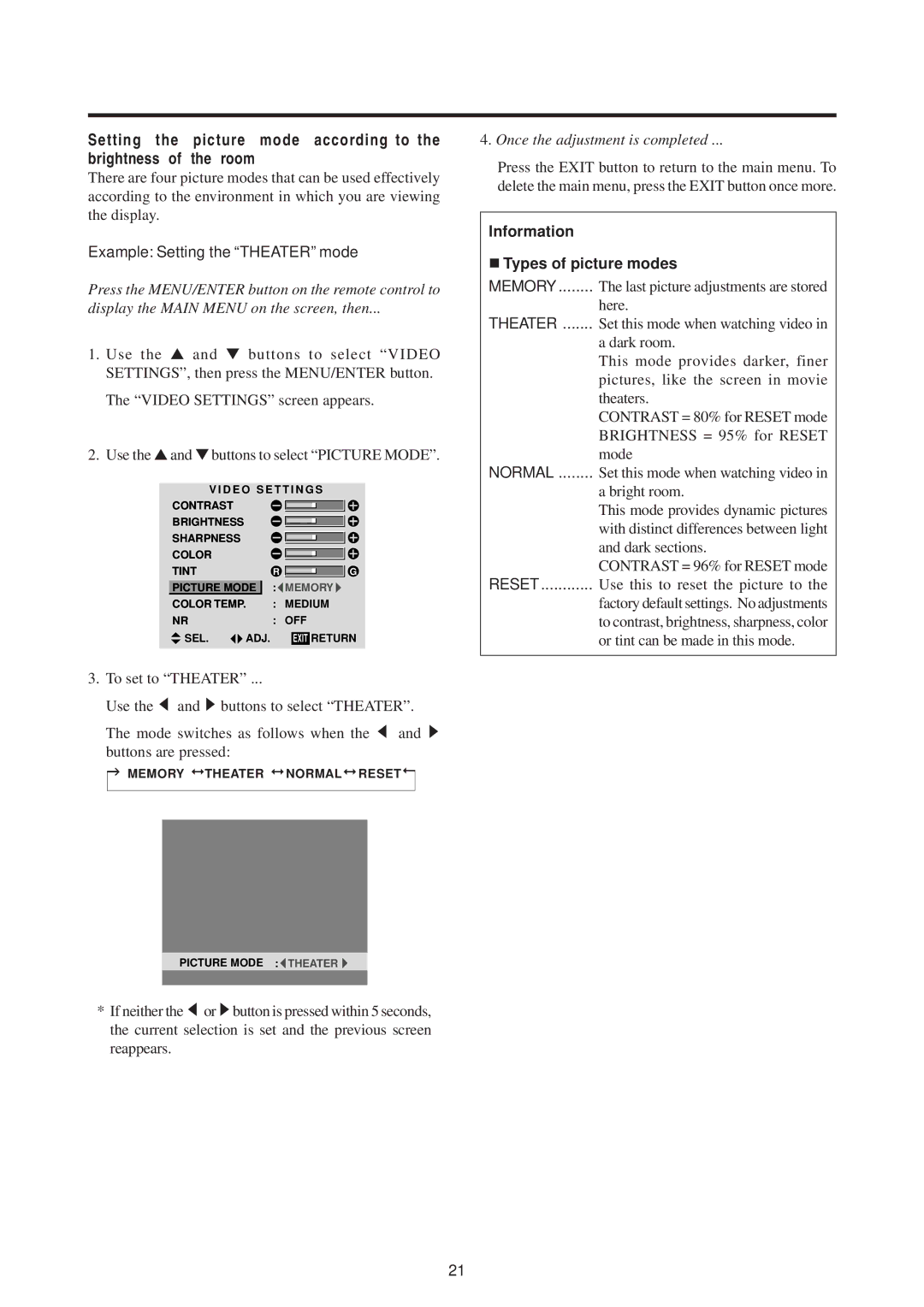 Mitsubishi Electronics PD-5010 manual Example Setting the Theater mode, Information Types of picture modes 