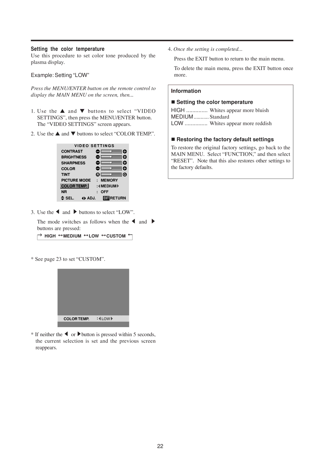 Mitsubishi Electronics PD-5010 manual Setting the color temperature, Example Setting LOW, Once the setting is completed 