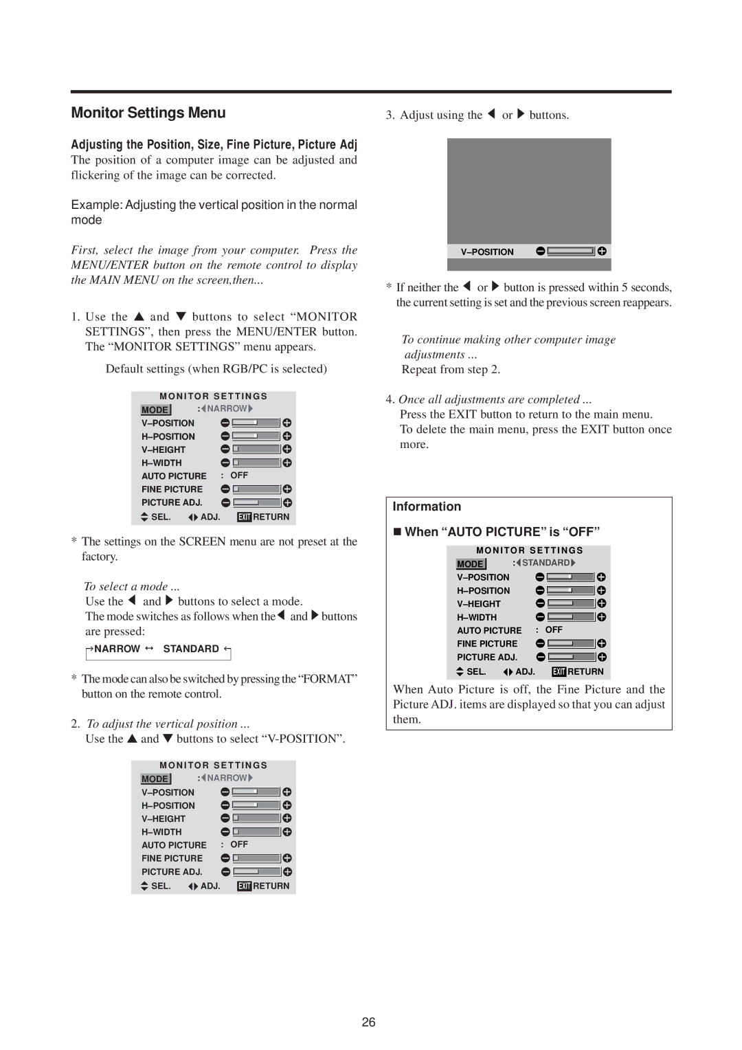 Mitsubishi Electronics PD-5010 manual Monitor Settings Menu, Example Adjusting the vertical position in the normal mode 