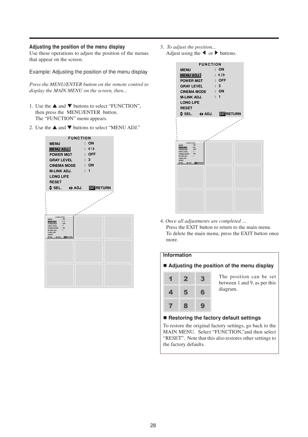 Mitsubishi Electronics PD-5010 manual Adjusting the position of the menu display, To adjust the position 