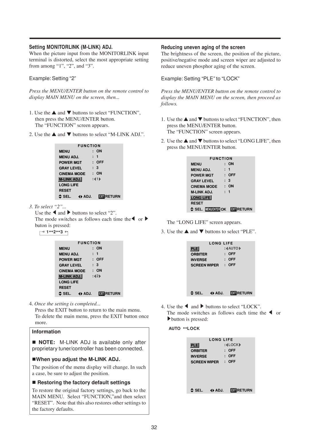 Mitsubishi Electronics PD-5010 manual Setting Monitorlink M-LINK ADJ, Reducing uneven aging of the screen, Example Setting 