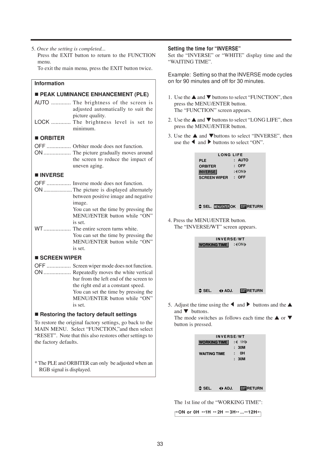 Mitsubishi Electronics PD-5010 manual Setting the time for Inverse, Peak Luminance Enhancement PLE 