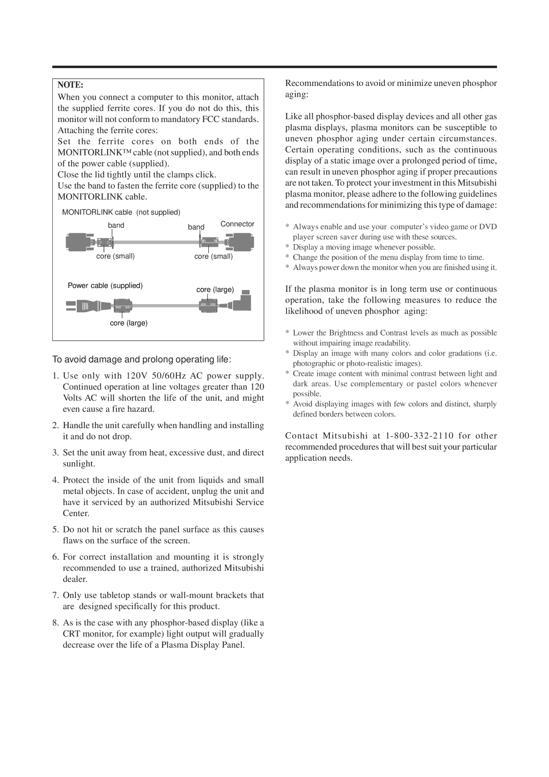 Mitsubishi Electronics PD-5010 manual To avoid damage and prolong operating life 