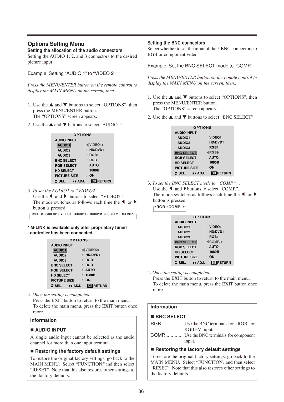 Mitsubishi Electronics PD-5010 manual Options Setting Menu, Setting the allocation of the audio connectors 