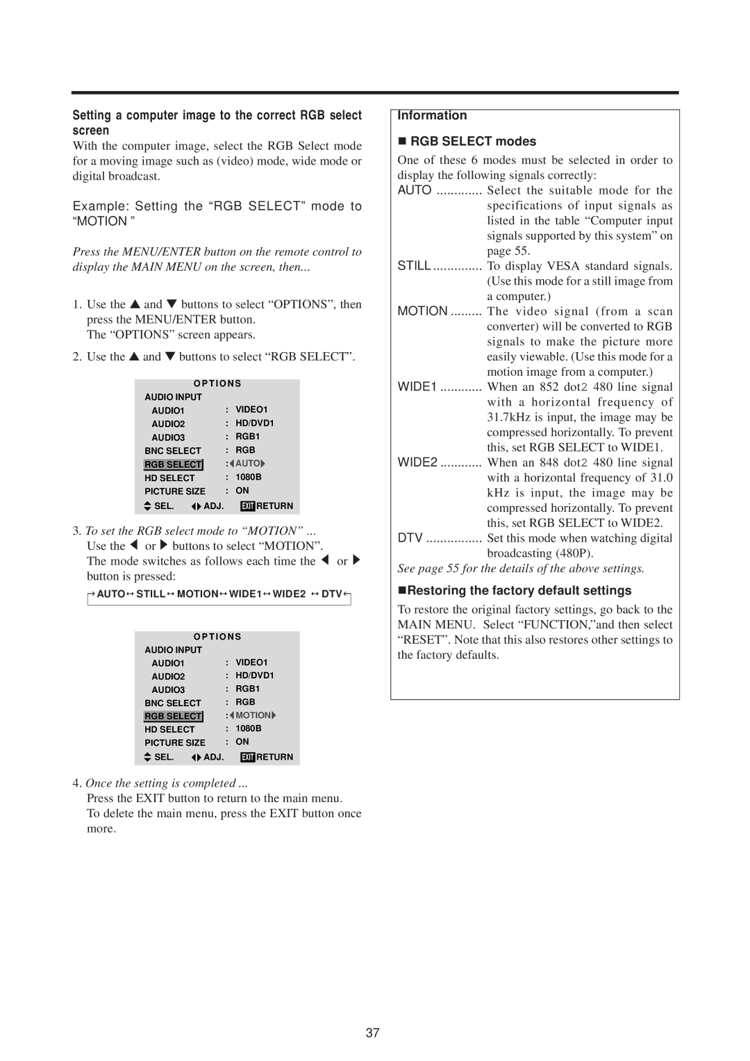 Mitsubishi Electronics PD-5010 Setting a computer image to the correct RGB select screen, Information RGB Select modes 