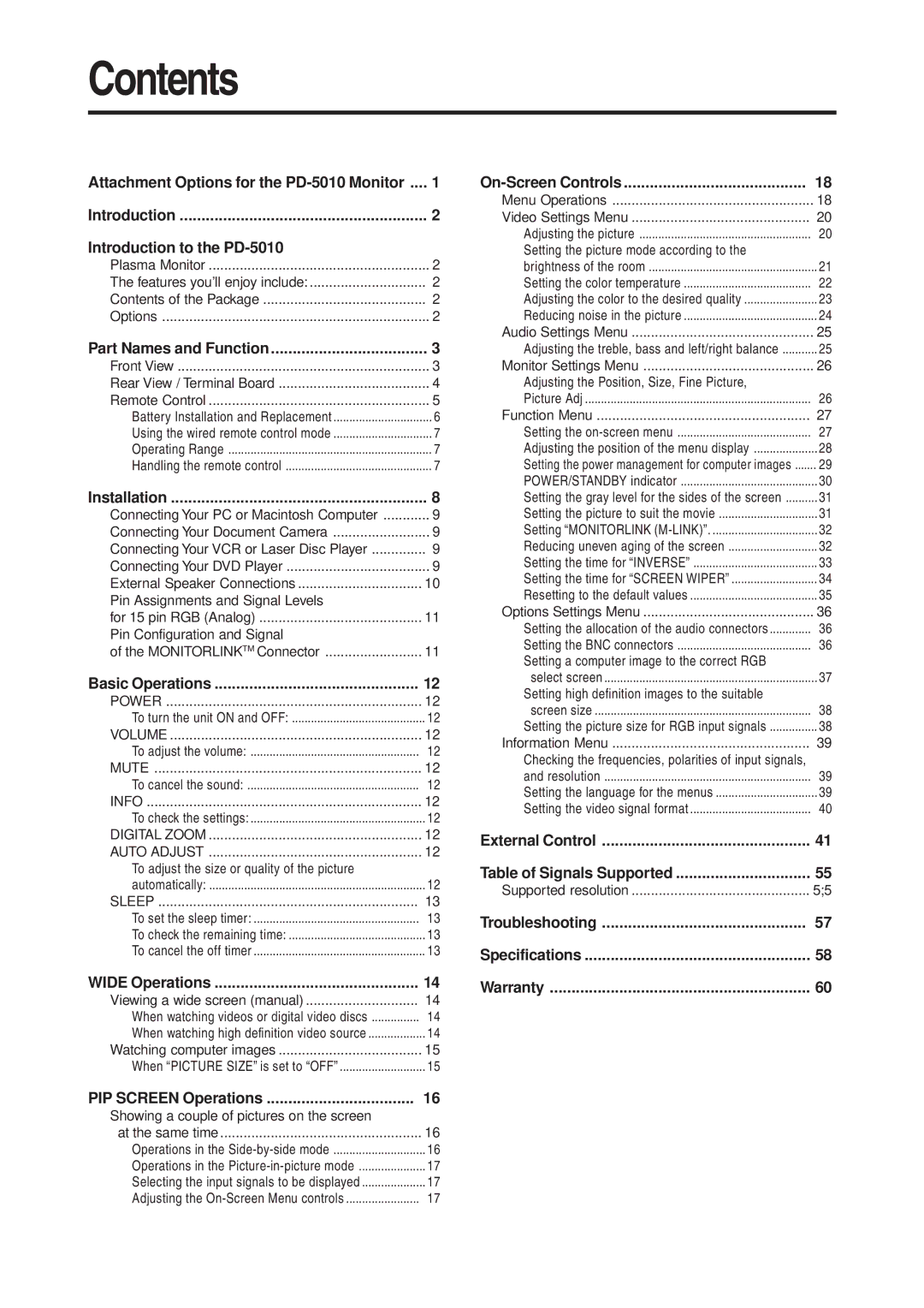 Mitsubishi Electronics PD-5010 manual Contents 