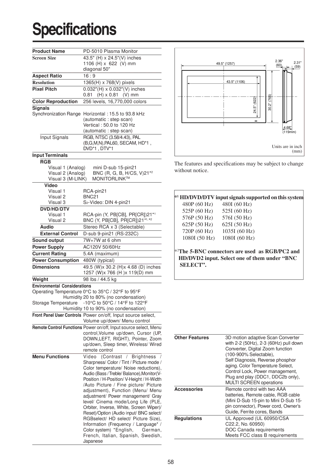 Mitsubishi Electronics PD-5010 manual Specifications, Signals 