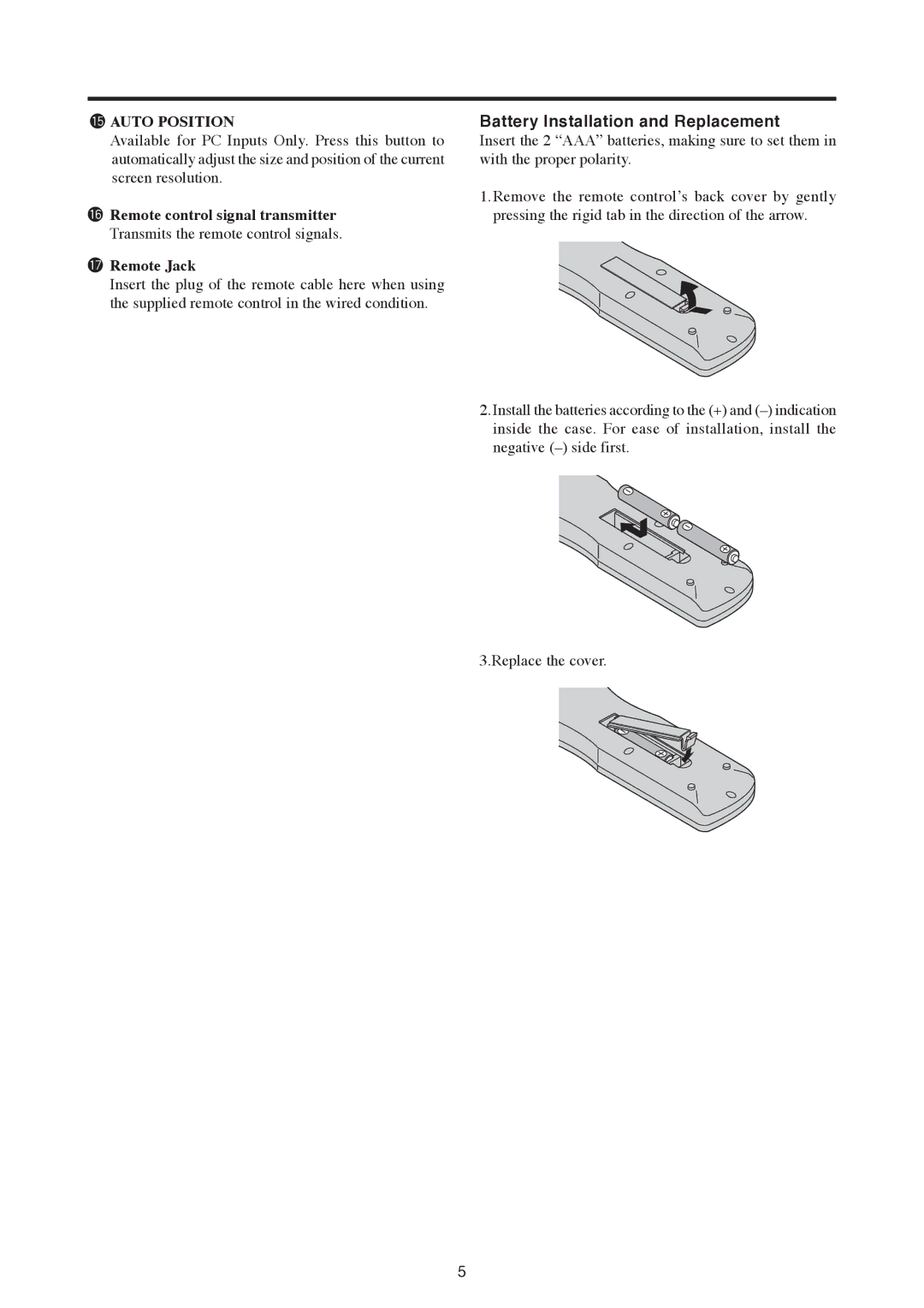 Mitsubishi Electronics PD-5030, PD-6130 manual Battery Installation and Replacement, 5AUTO Position 