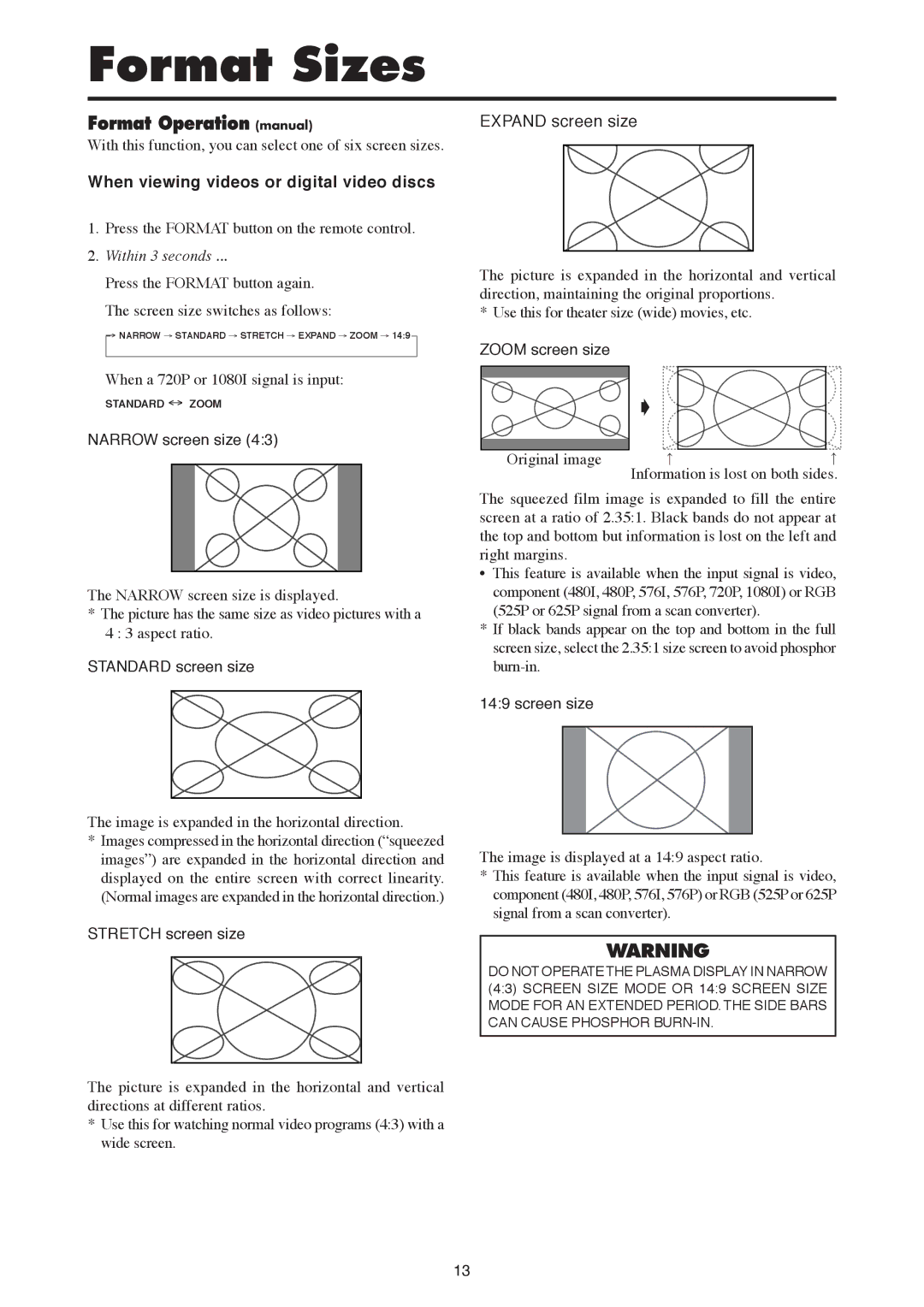 Mitsubishi Electronics PD-5030, PD-6130 manual Format Sizes, When viewing videos or digital video discs 