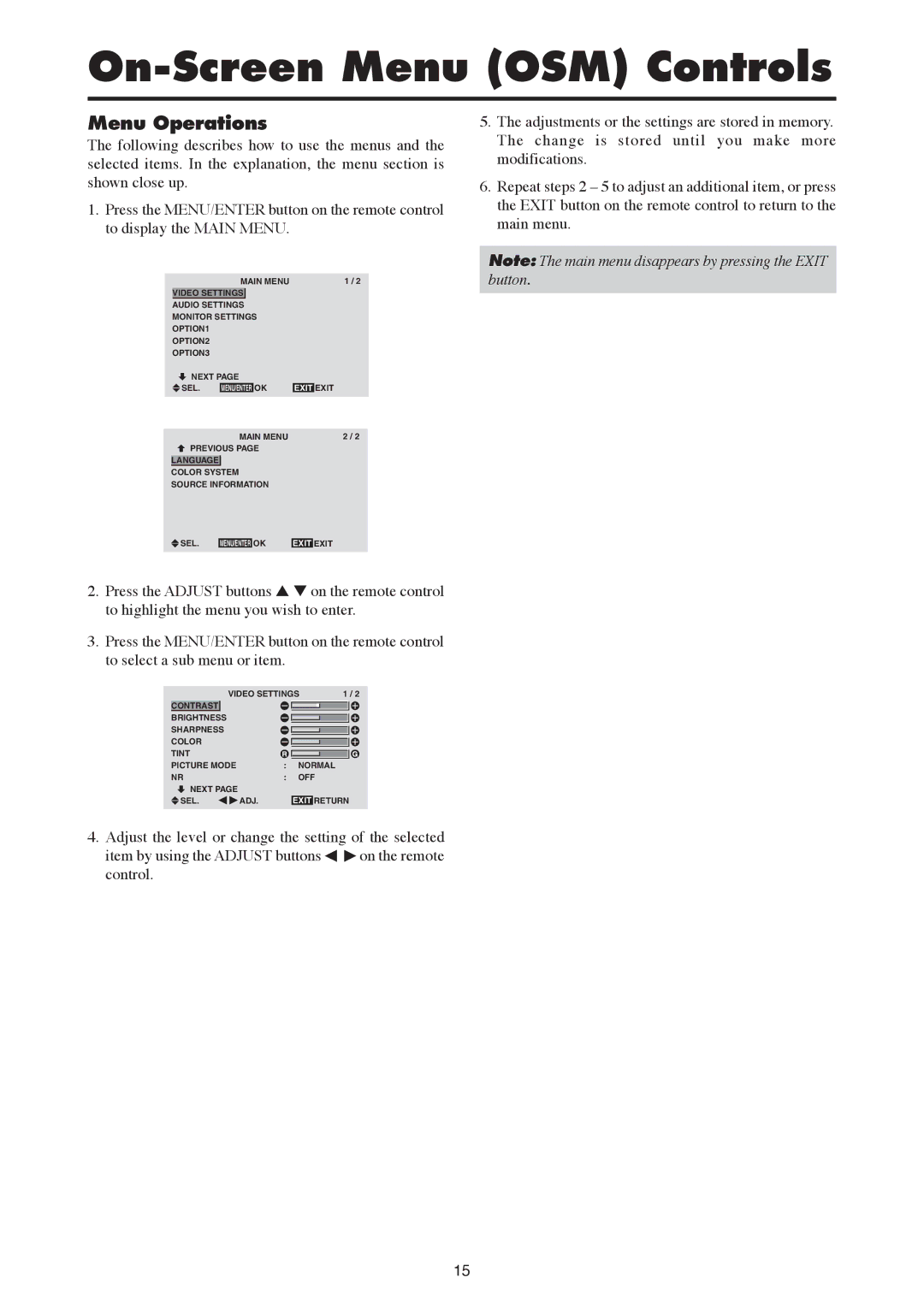 Mitsubishi Electronics PD-5030, PD-6130 manual On-Screen Menu OSM Controls, Menu Operations 