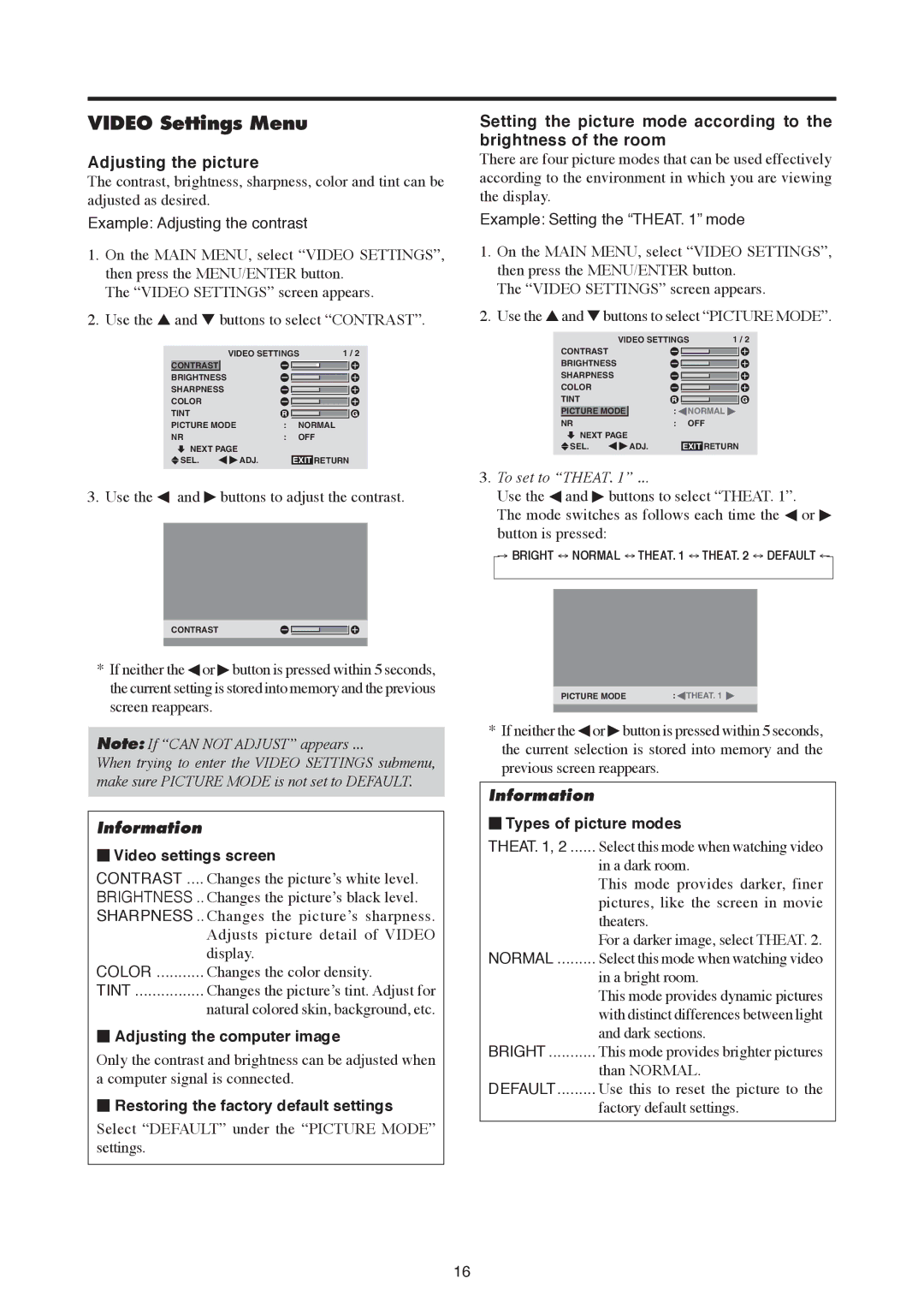 Mitsubishi Electronics PD-6130, PD-5030 manual Video Settings Menu, Adjusting the picture 