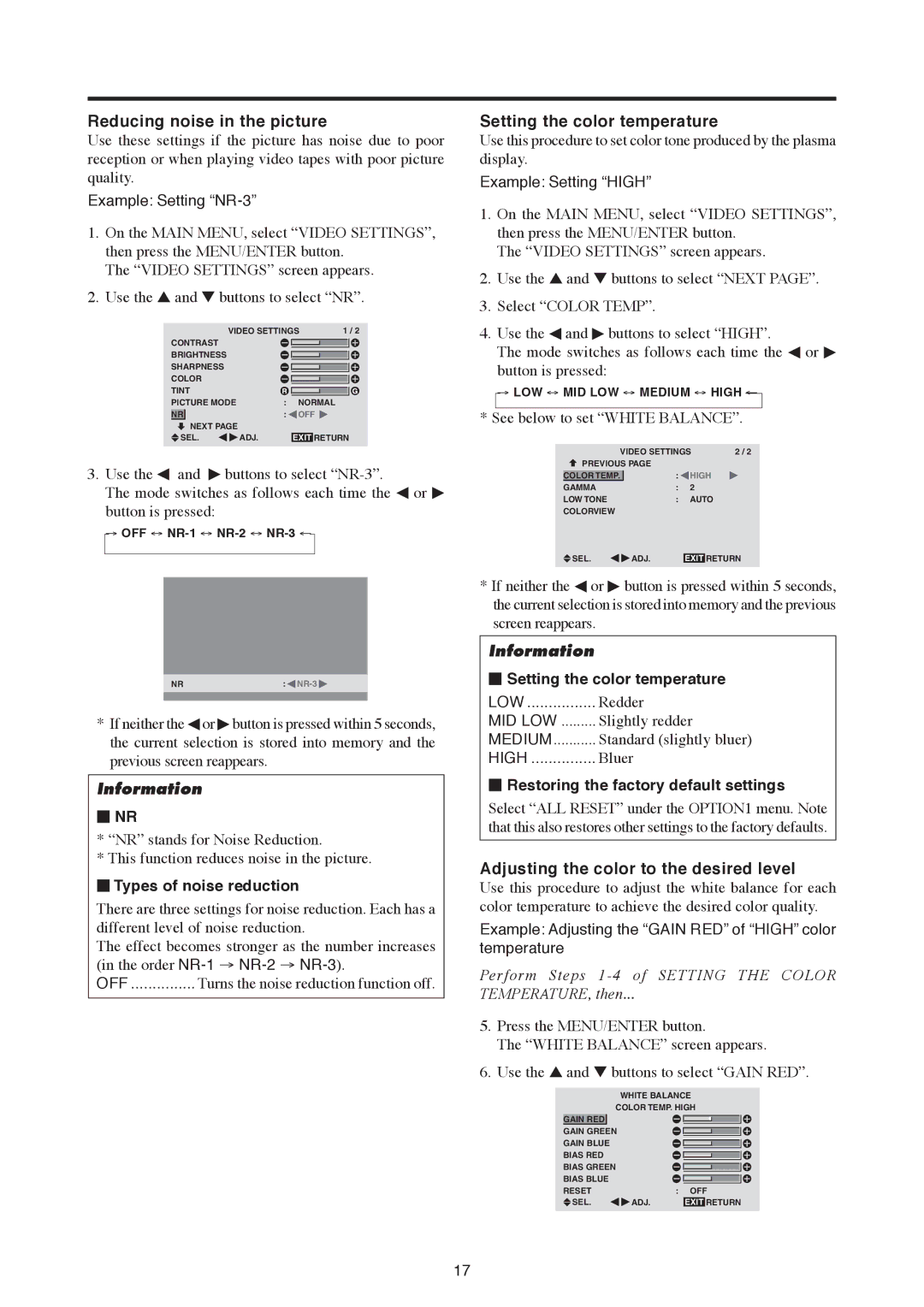 Mitsubishi Electronics PD-5030, PD-6130 manual Reducing noise in the picture, Setting the color temperature 