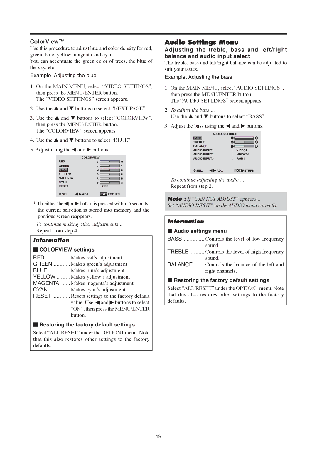 Mitsubishi Electronics PD-5030, PD-6130 manual Audio Settings Menu, ColorView,  Colorview settings,  Audio settings menu 