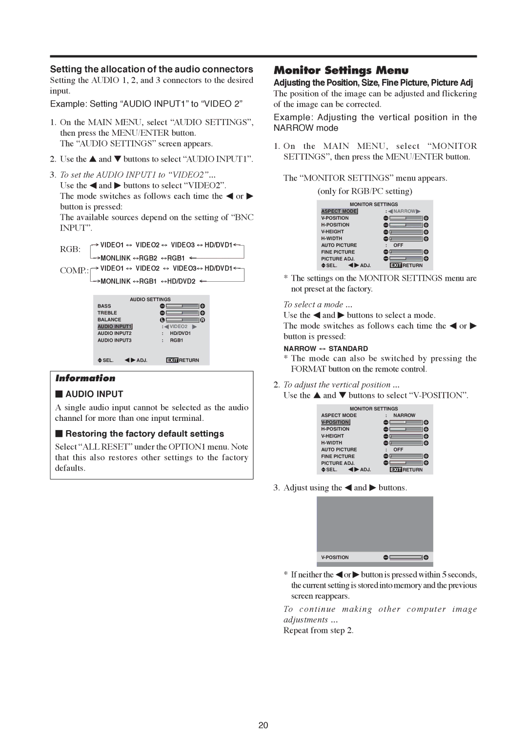 Mitsubishi Electronics PD-6130, PD-5030 manual Monitor Settings Menu, Setting the allocation of the audio connectors 