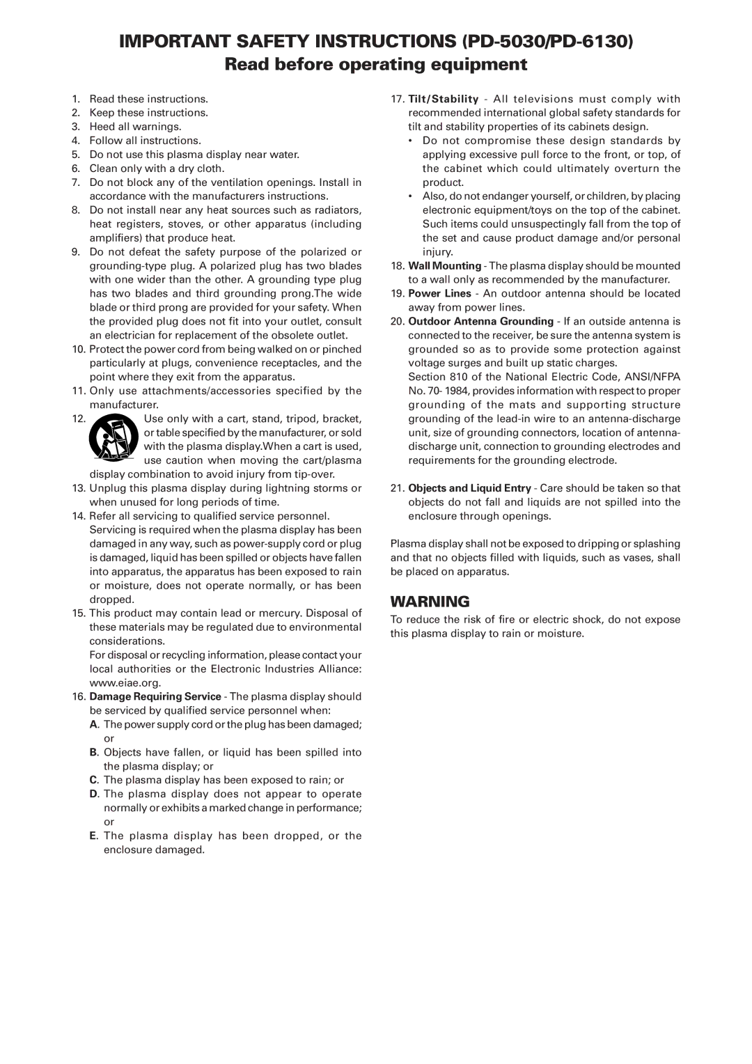 Mitsubishi Electronics manual Important Safety Instructions PD-5030/PD-6130 