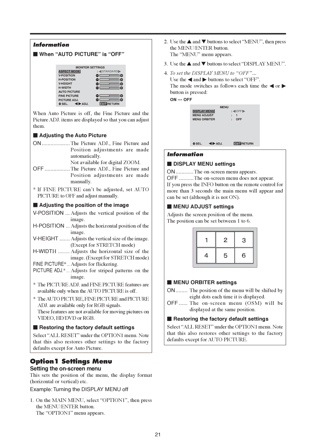 Mitsubishi Electronics PD-5030, PD-6130 manual Option1 Settings Menu, Setting the on-screen menu 