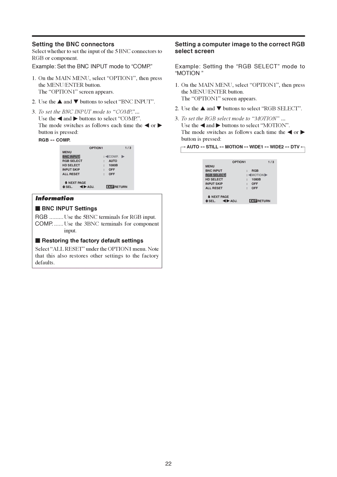 Mitsubishi Electronics PD-6130 manual Setting the BNC connectors, Setting a computer image to the correct RGB select screen 