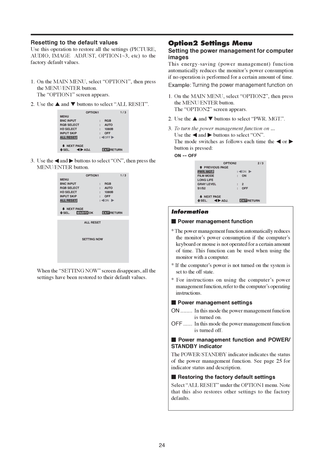 Mitsubishi Electronics PD-6130, PD-5030 manual Option2 Settings Menu, Resetting to the default values 