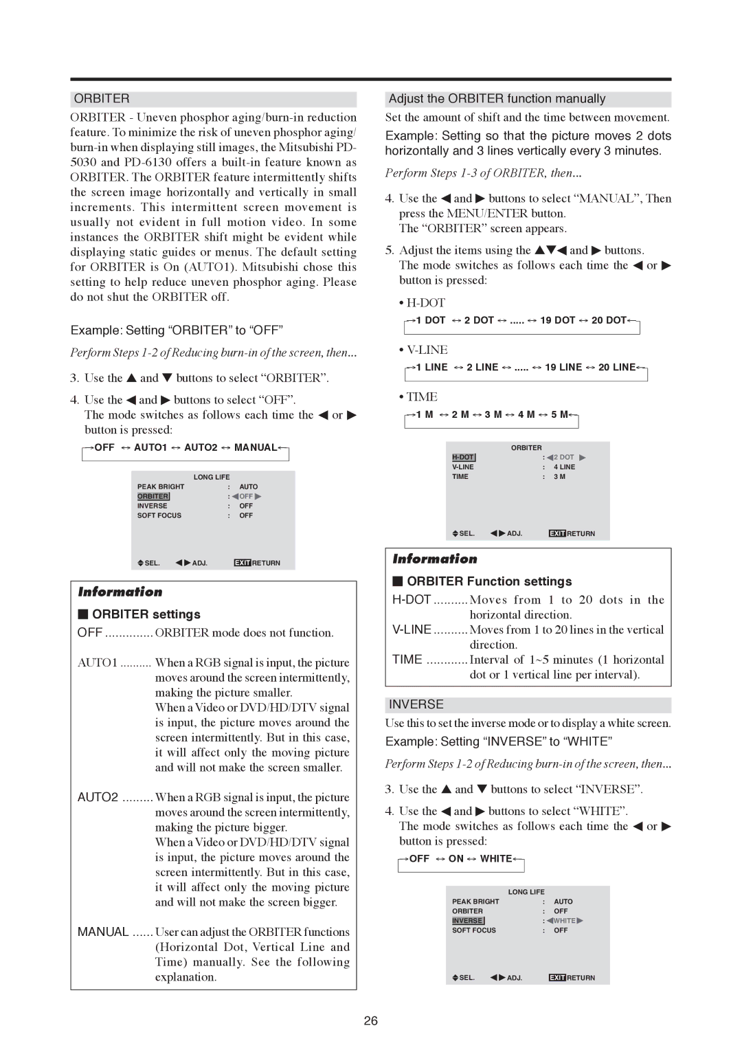 Mitsubishi Electronics PD-6130, PD-5030 manual Orbiter settings, Orbiter Function settings 