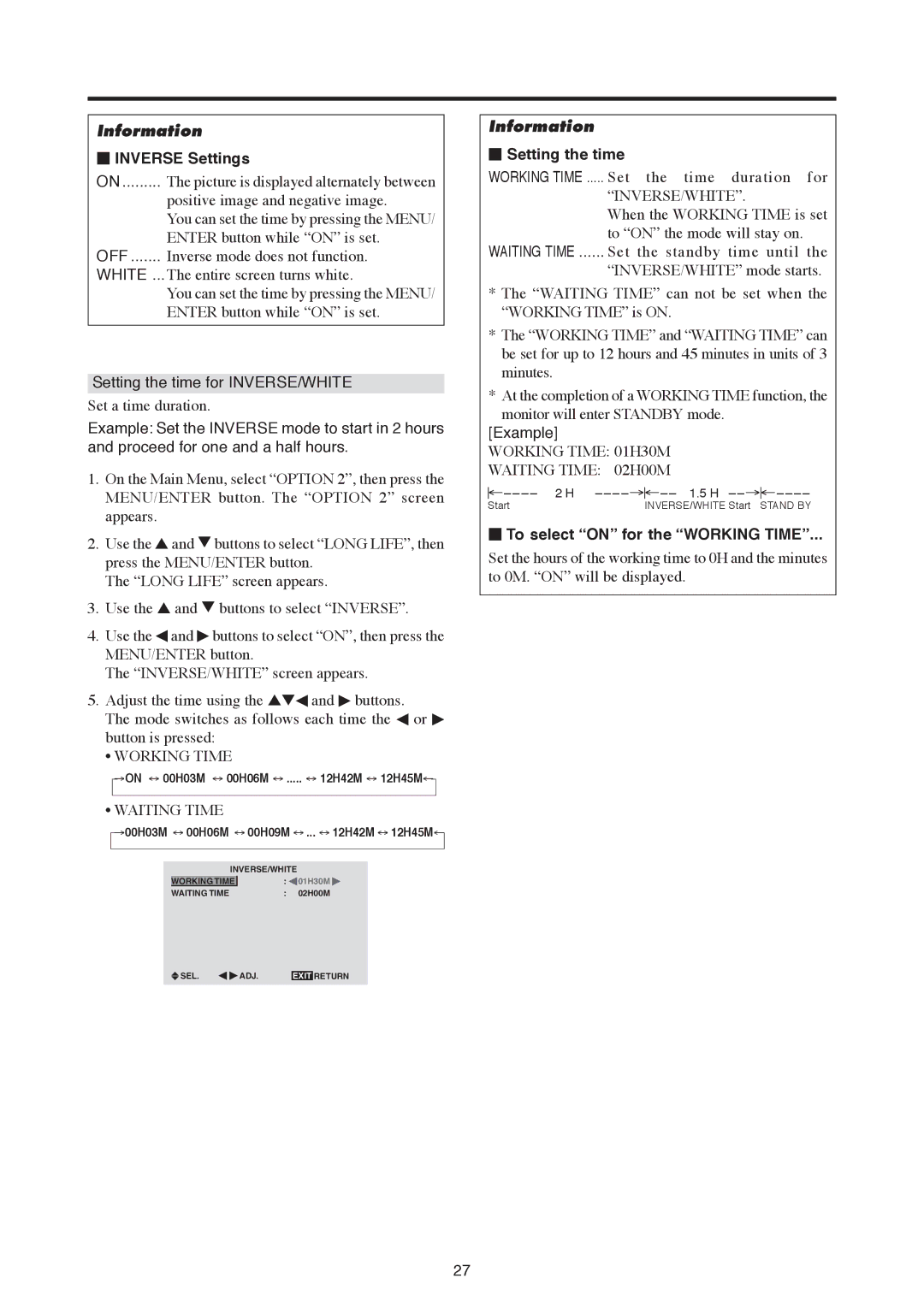 Mitsubishi Electronics PD-5030, PD-6130 manual Inverse Settings, Setting the time for INVERSE/WHITE, Example 