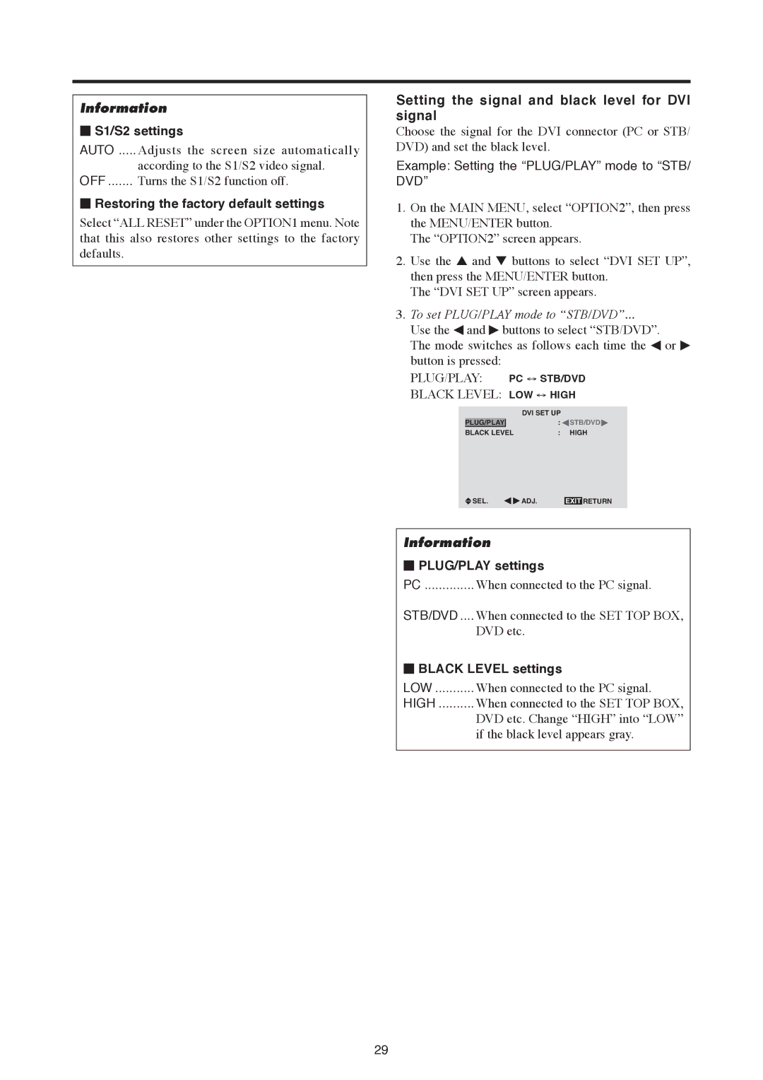 Mitsubishi Electronics PD-5030 manual Setting the signal and black level for DVI signal, S1/S2 settings, PLUG/PLAY settings 