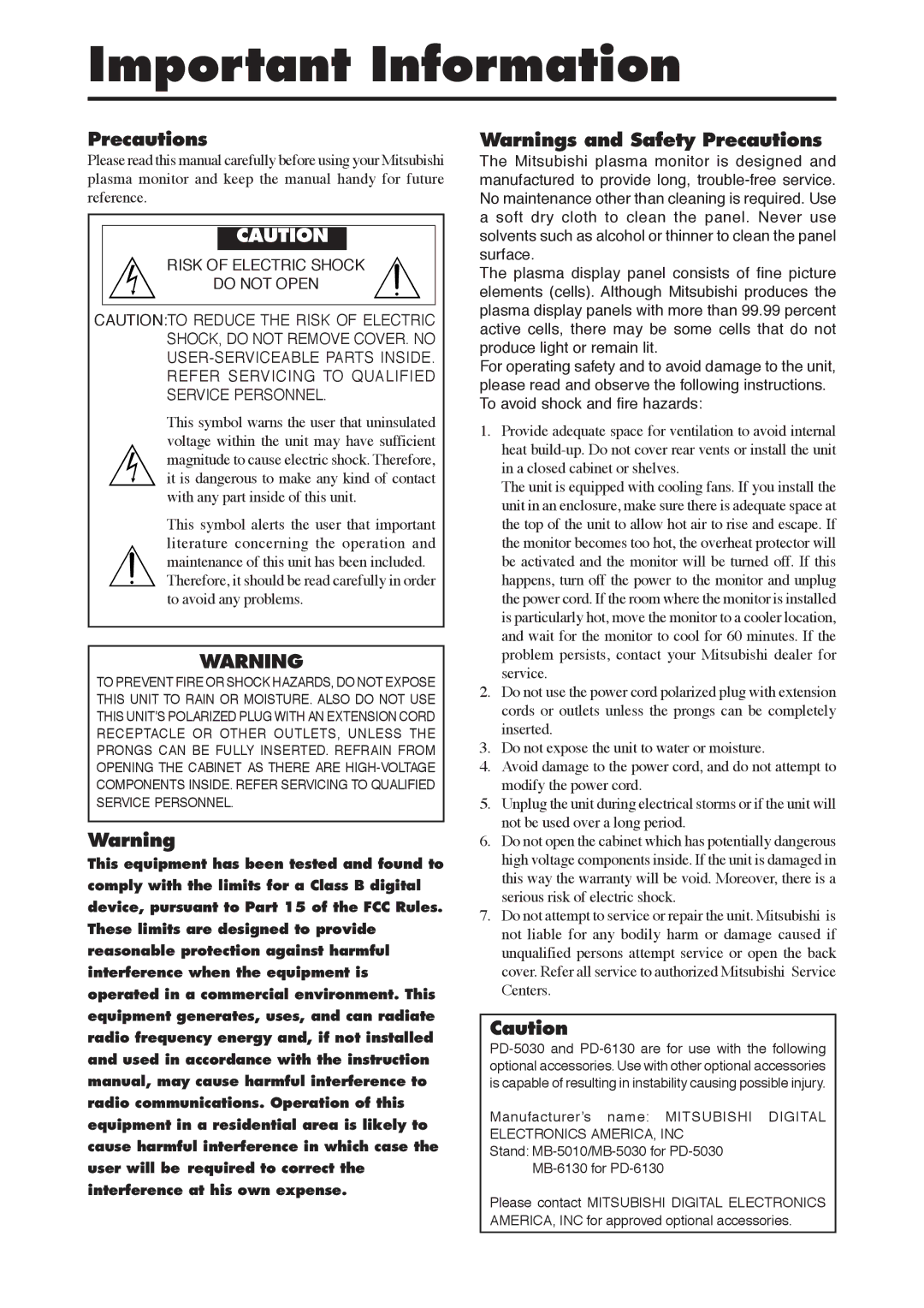 Mitsubishi Electronics PD-5030, PD-6130 manual Important Information, Precautions, Risk of Electric Shock Do not Open 