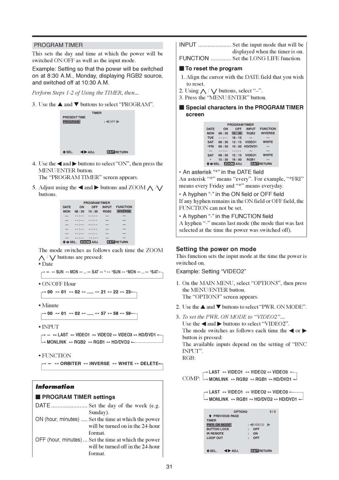 Mitsubishi Electronics PD-5030, PD-6130 manual Setting the power on mode,  Program Timer settings,  To reset the program 