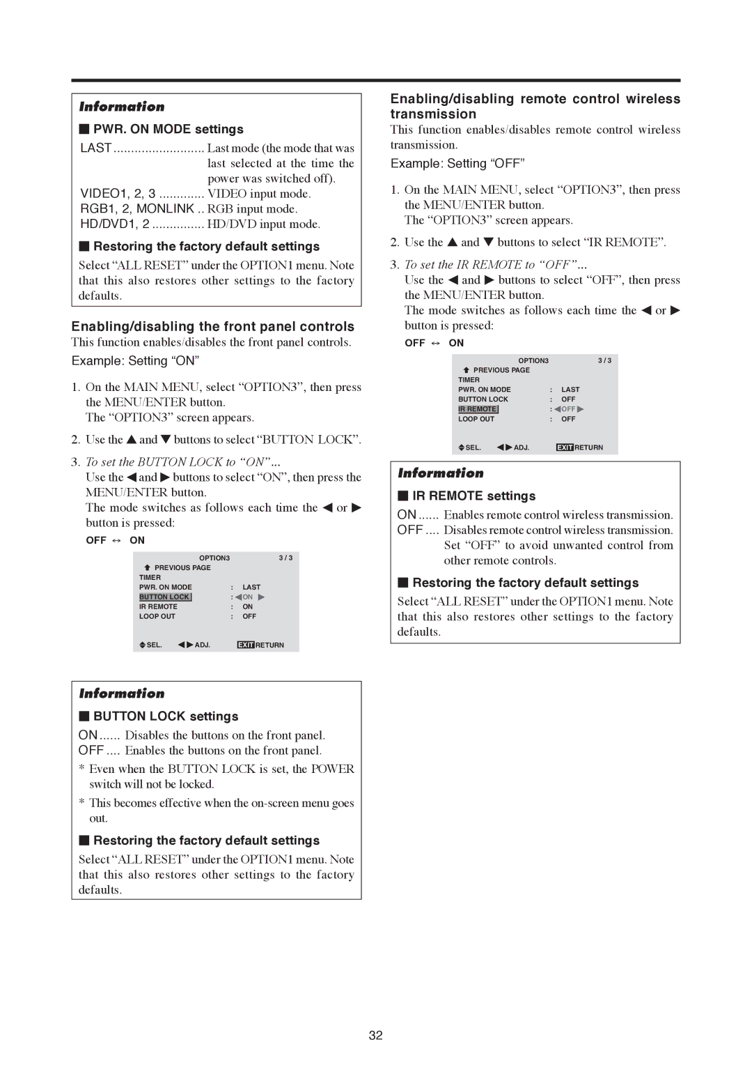 Mitsubishi Electronics PD-6130 Enabling/disabling the front panel controls,  PWR. on Mode settings,  IR Remote settings 