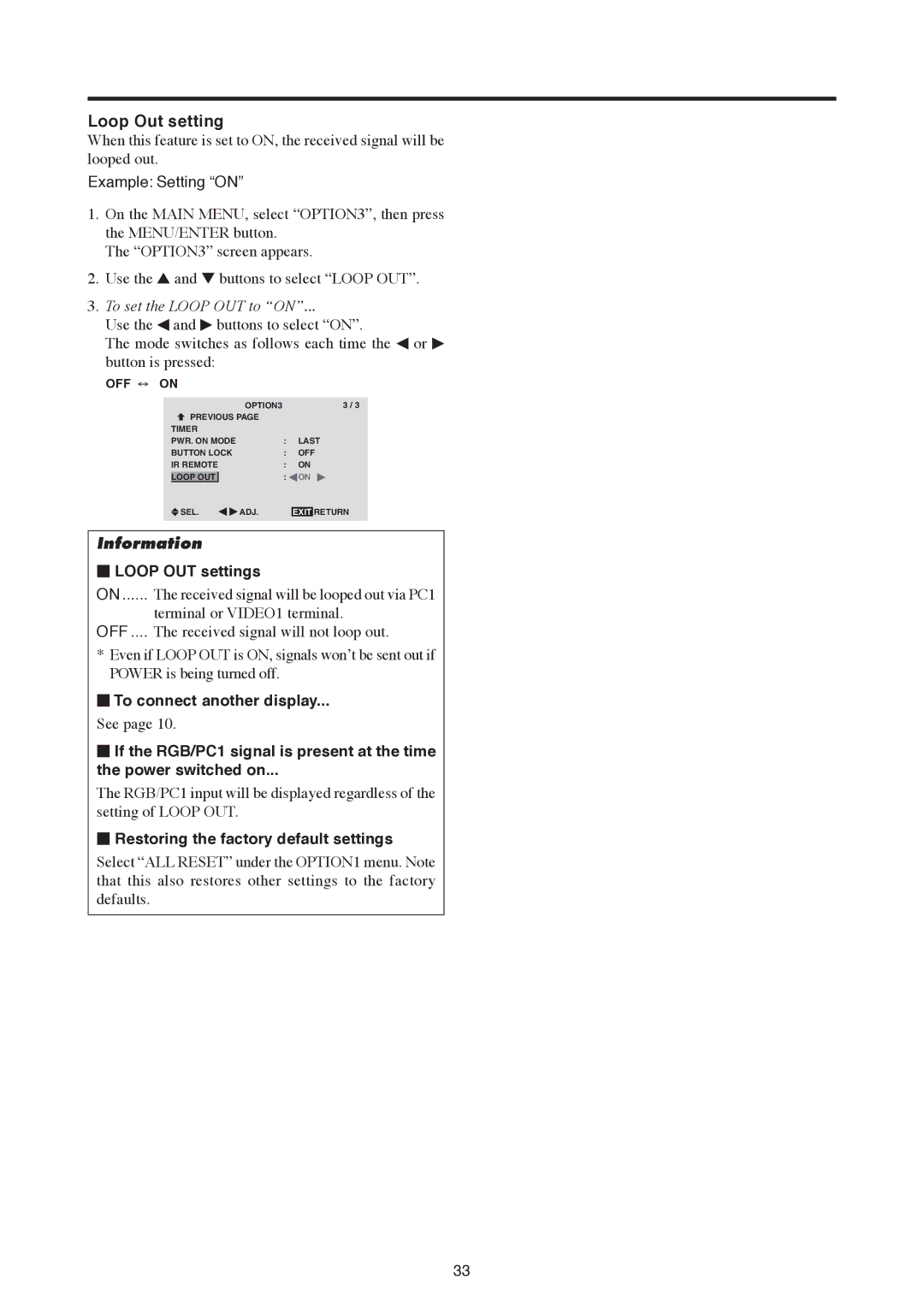 Mitsubishi Electronics PD-5030, PD-6130 manual Loop Out setting, To set the Loop OUT to on,  Loop OUT settings 