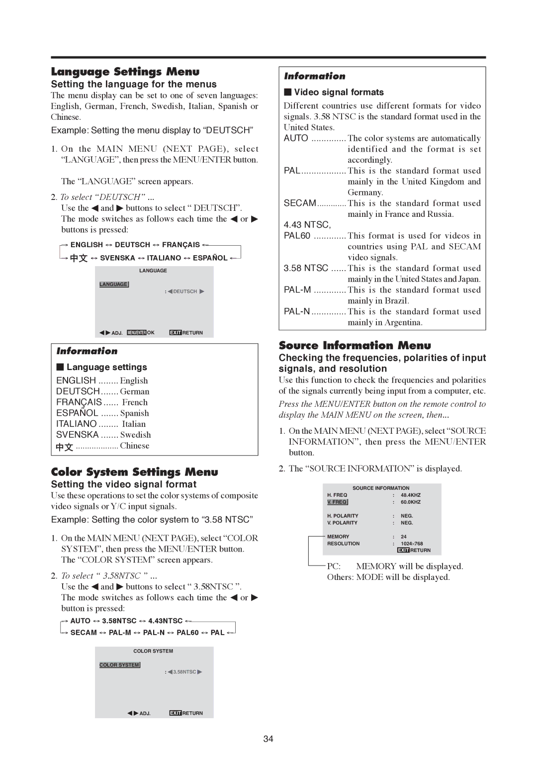 Mitsubishi Electronics PD-6130, PD-5030 manual Language Settings Menu, Color System Settings Menu, Source Information Menu 