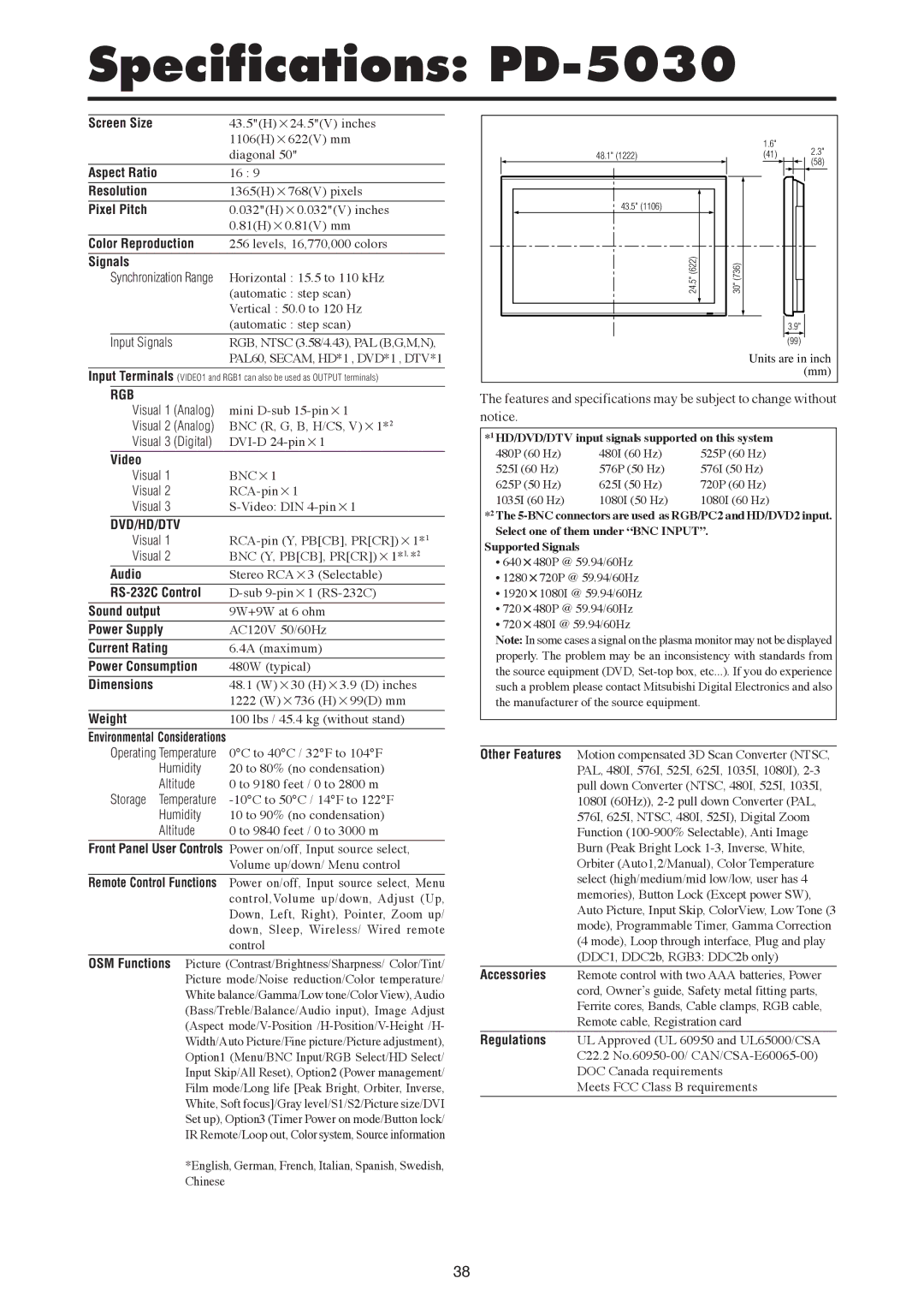 Mitsubishi Electronics PD-6130 manual Specifications PD-5030, Signals 