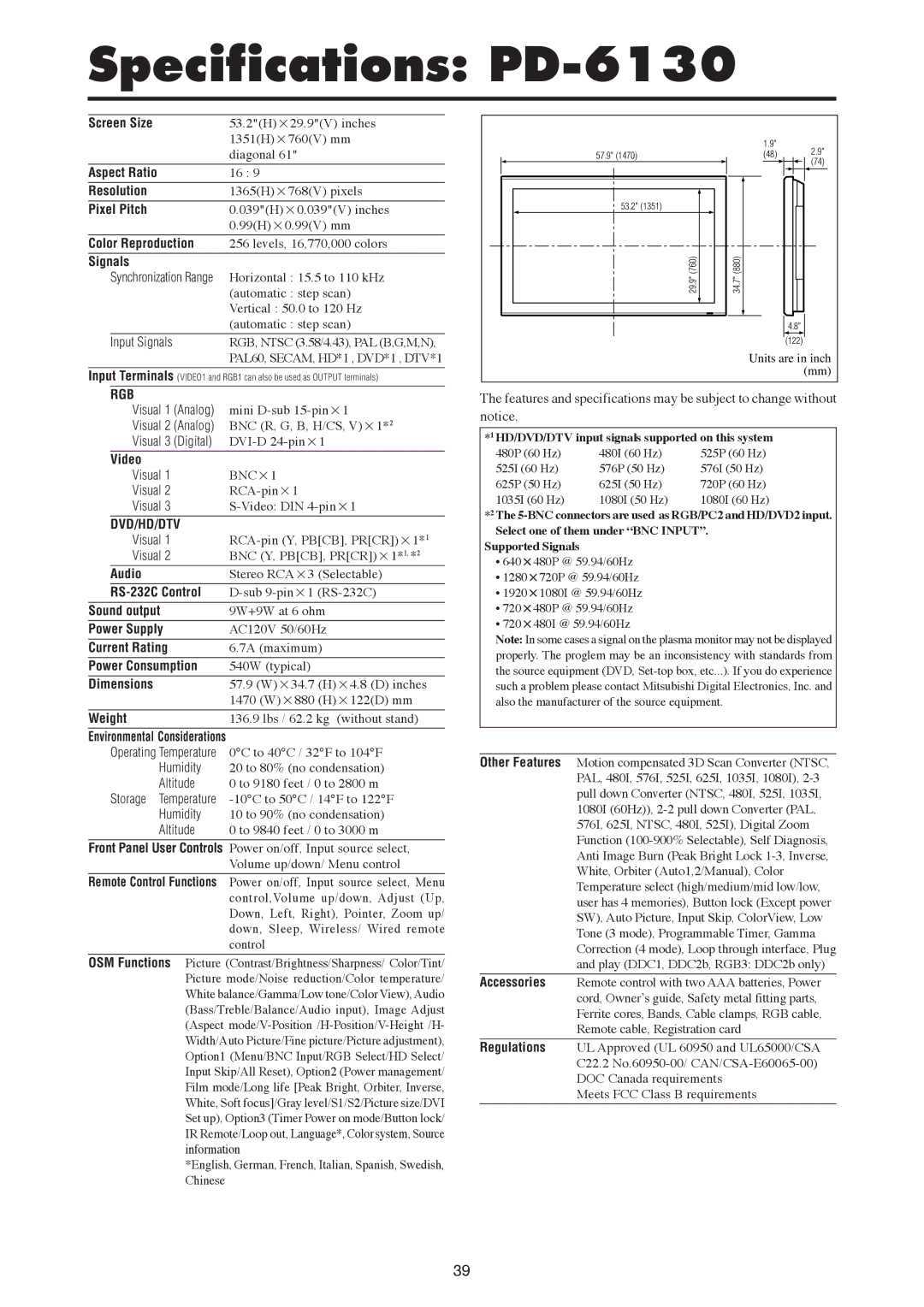 Mitsubishi Electronics PD-5030 manual Specifications PD-6130 