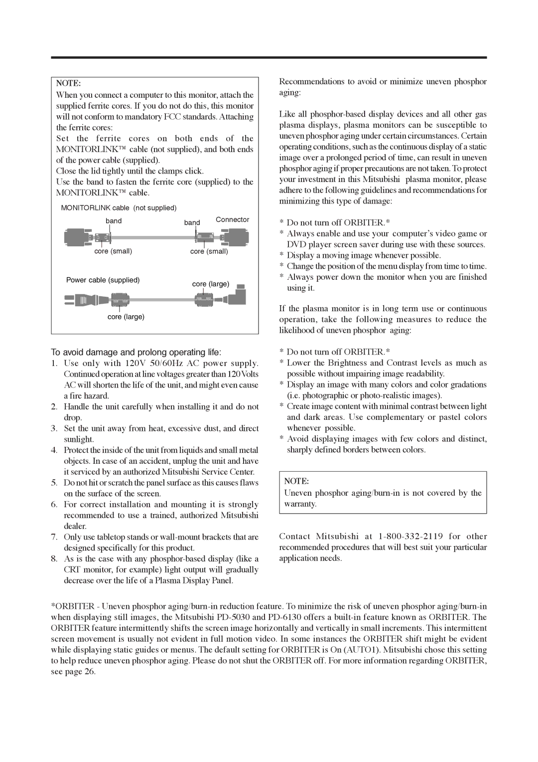 Mitsubishi Electronics PD-6130, PD-5030 manual To avoid damage and prolong operating life 