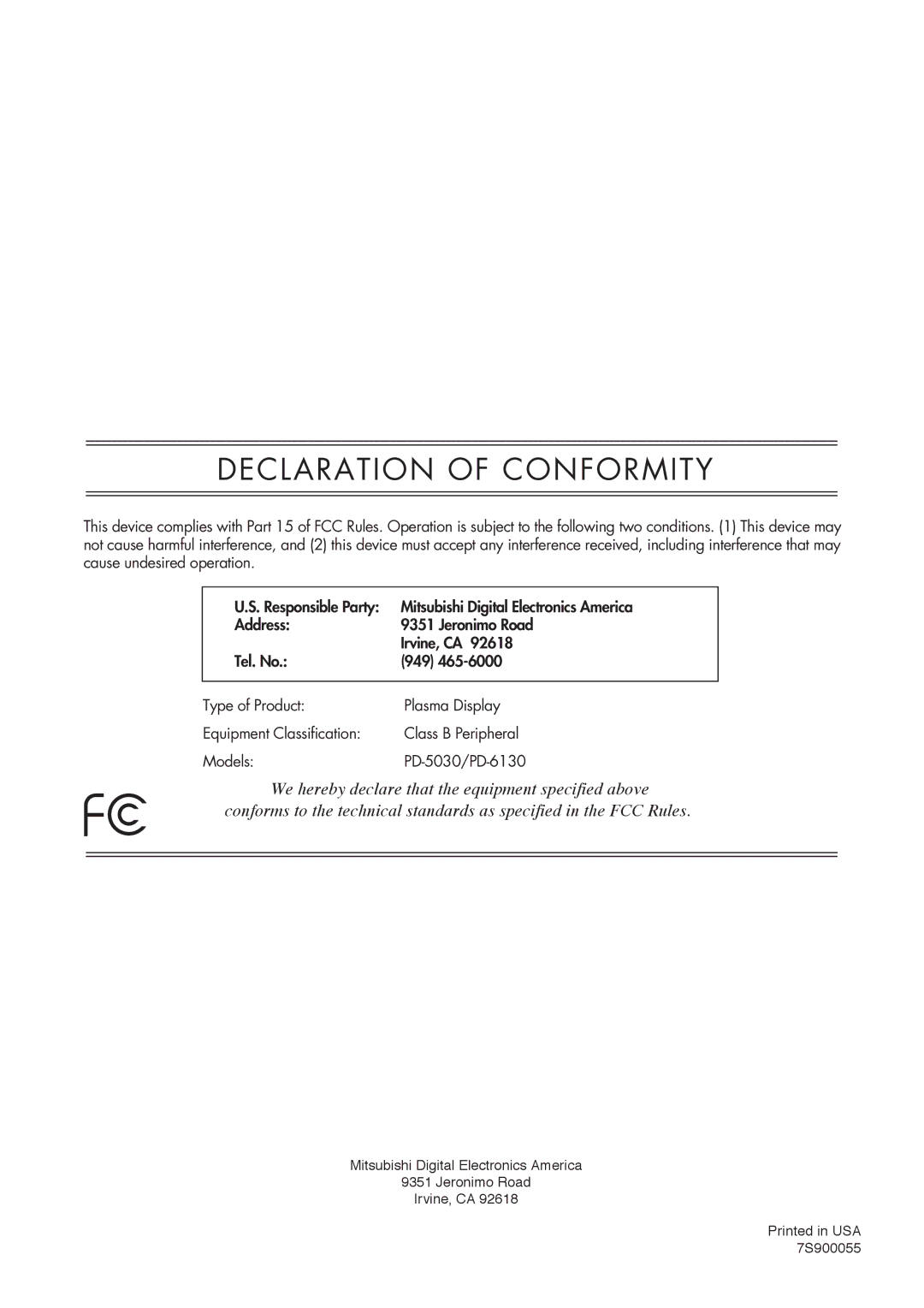 Mitsubishi Electronics PD-5030, PD-6130 manual Declaration of Conformity 