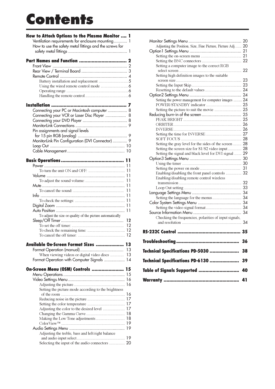 Mitsubishi Electronics PD-6130, PD-5030 manual Contents 