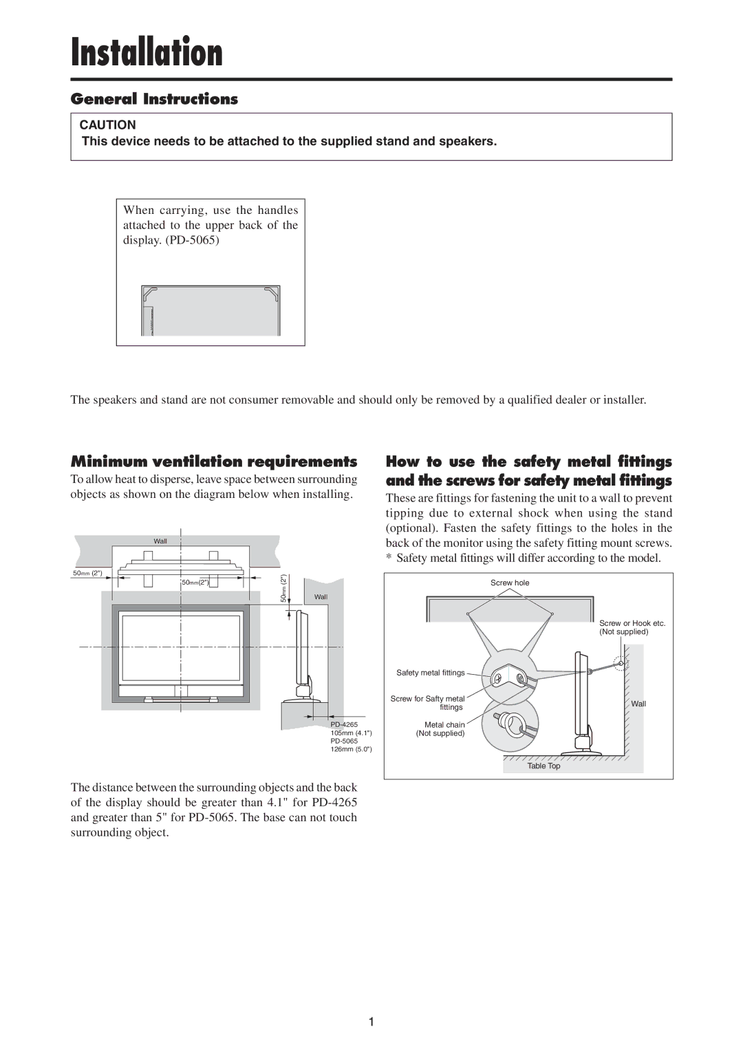 Mitsubishi Electronics PD-5065, PD-4265 manual Installation, General Instructions, Minimum ventilation requirements 